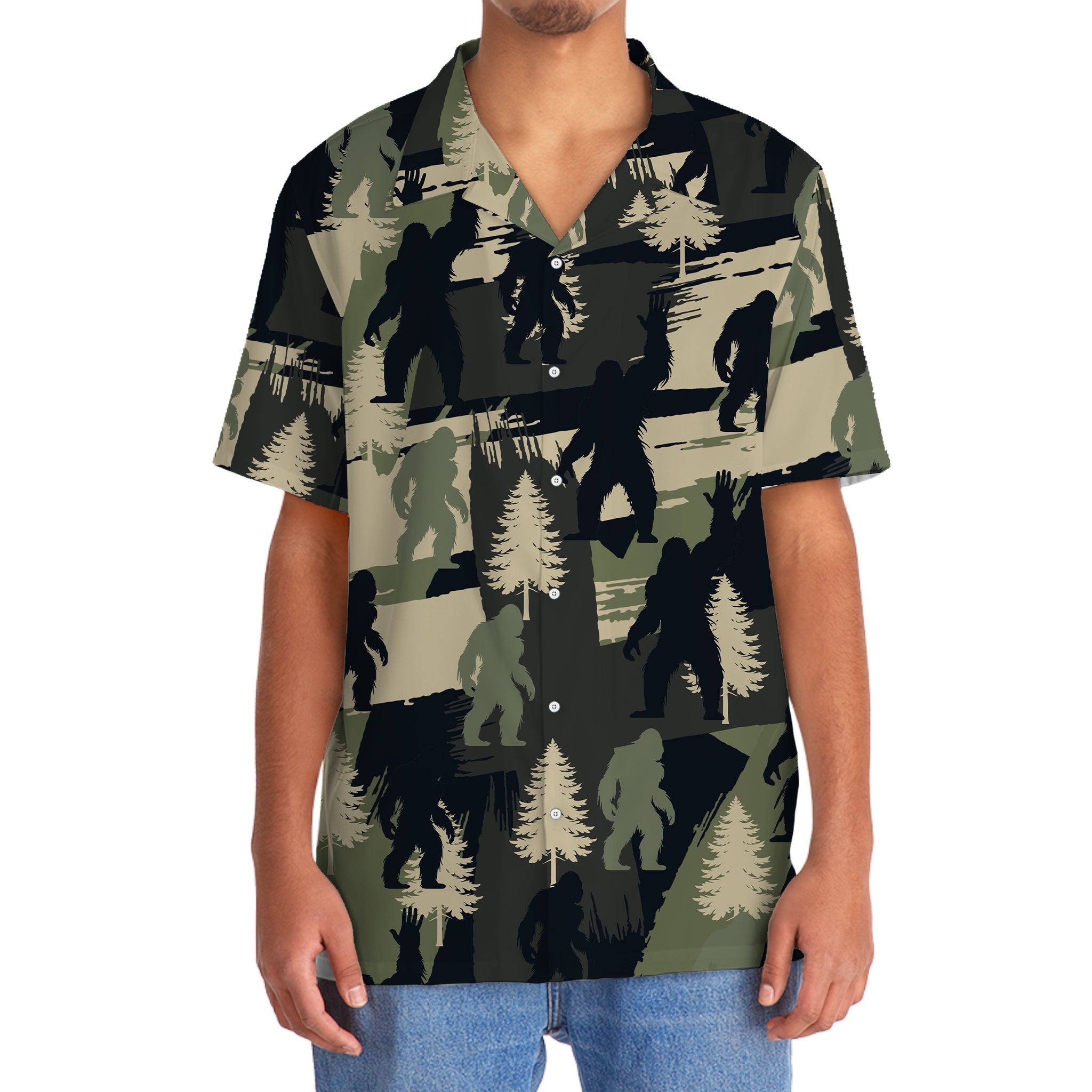 Bigfoot Pine Tree Brush Hawaiian Shirt Side angle of the Bigfoot Pine Tree Brush Hawaiian Shirt, emphasizing the relaxed fit and tropical vibe.
