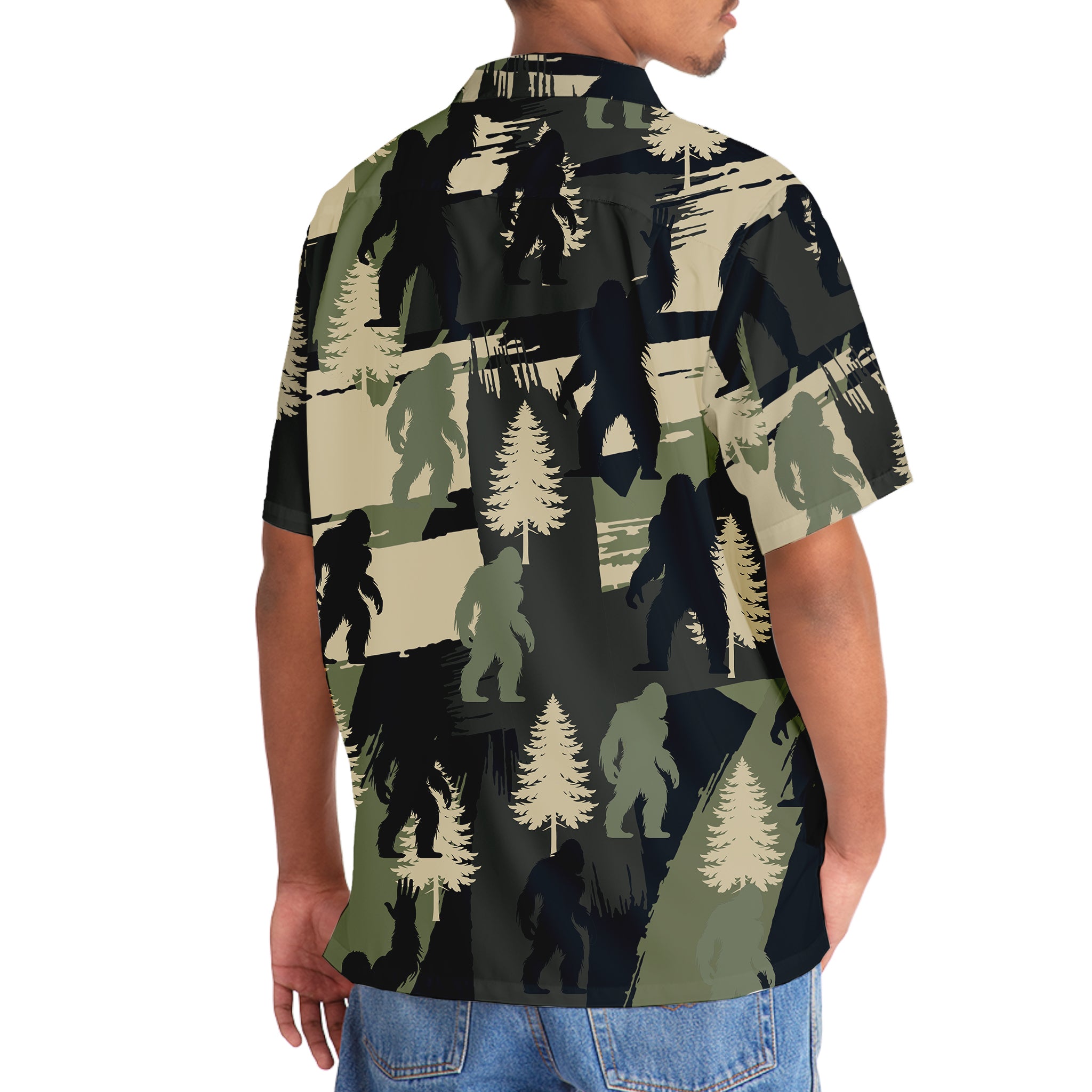 Bigfoot Pine Tree Brush Hawaiian Shirt Flat lay of the Bigfoot Pine Tree Brush Hawaiian Shirt with accessories, ideal for summer outings.