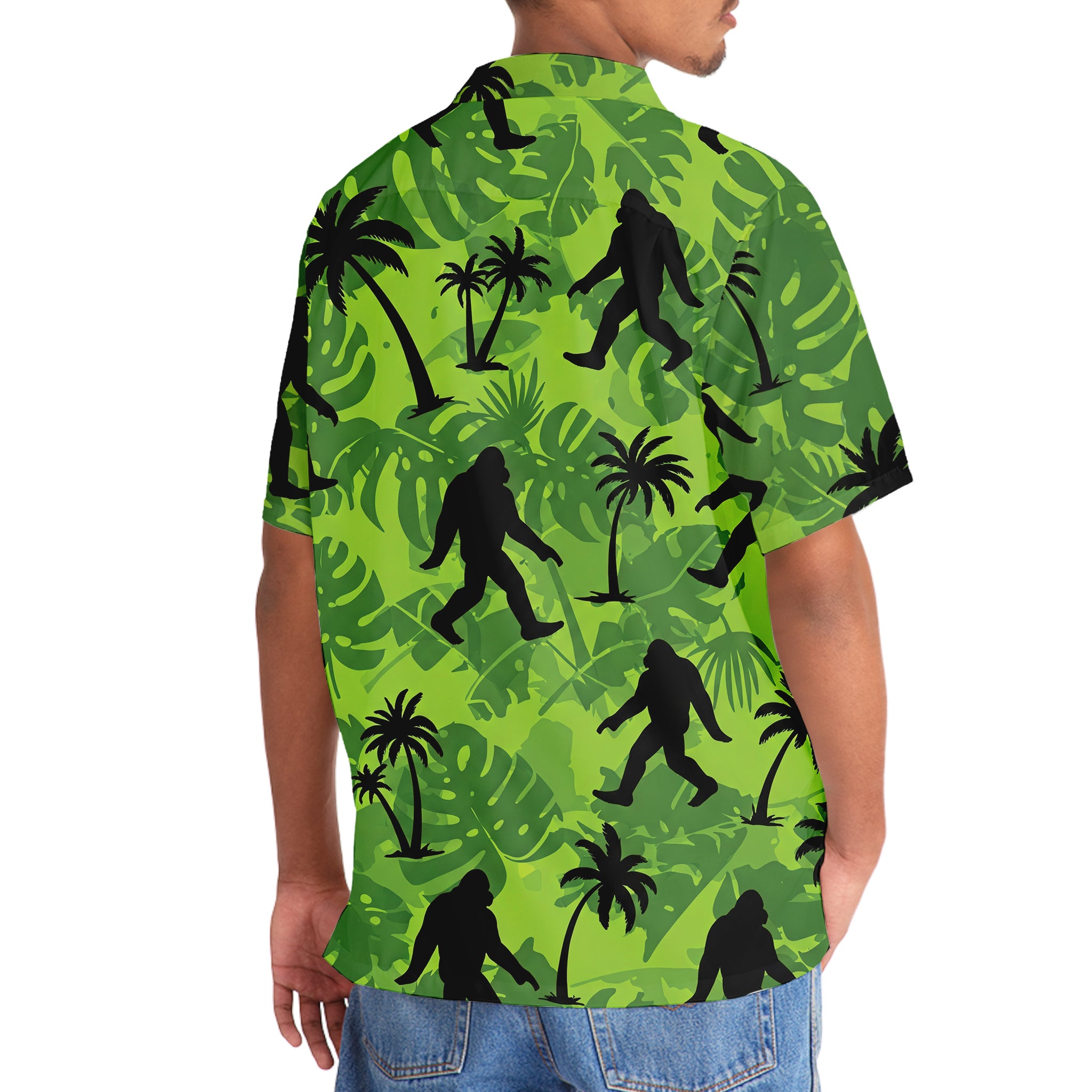 Tropical Bigfoot Hawaiian Shirt Side angle of the tropical bigfoot Hawaiian shirt, demonstrating its comfortable fit and lively green color scheme.