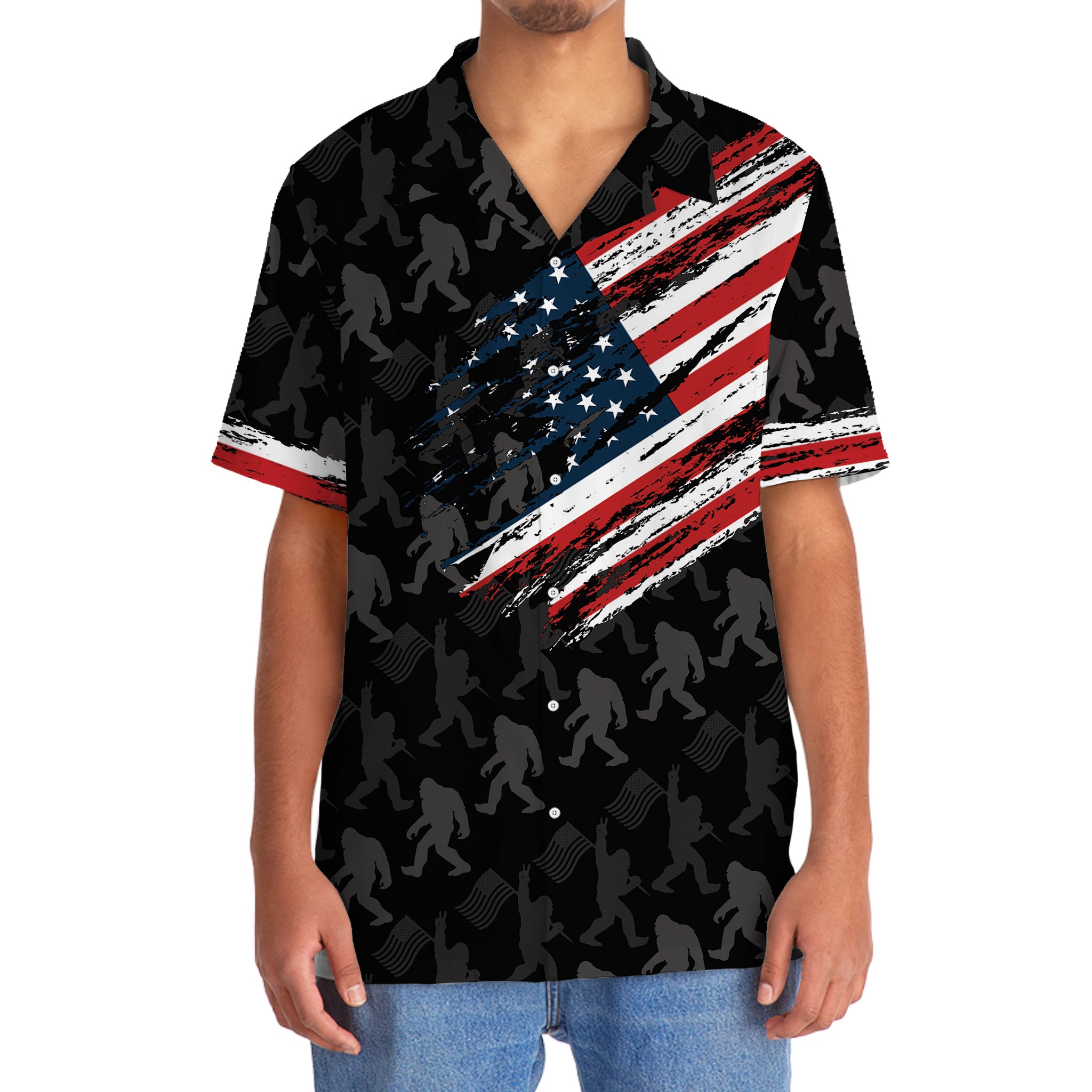 Bigfoot America Hawaiian Shirt Side angle of the Bigfoot America Hawaiian shirt highlighting its relaxed fit and stylish short sleeves.