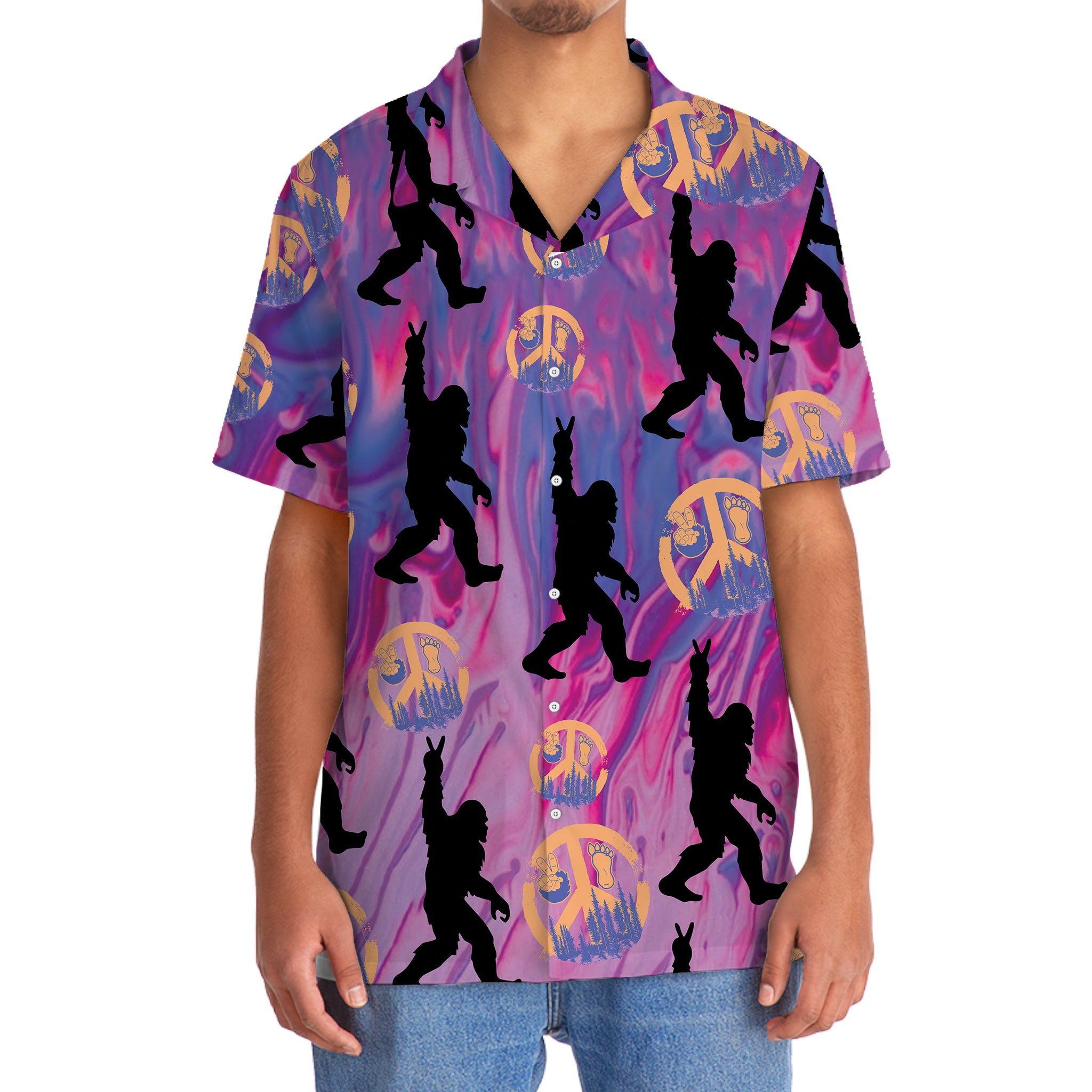 Bigfoot Peace Hand Sign Hawaiian Shirt Side angle of the bigfoot peace hand sign Hawaiian shirt, emphasizing the playful silhouette and peace symbols.