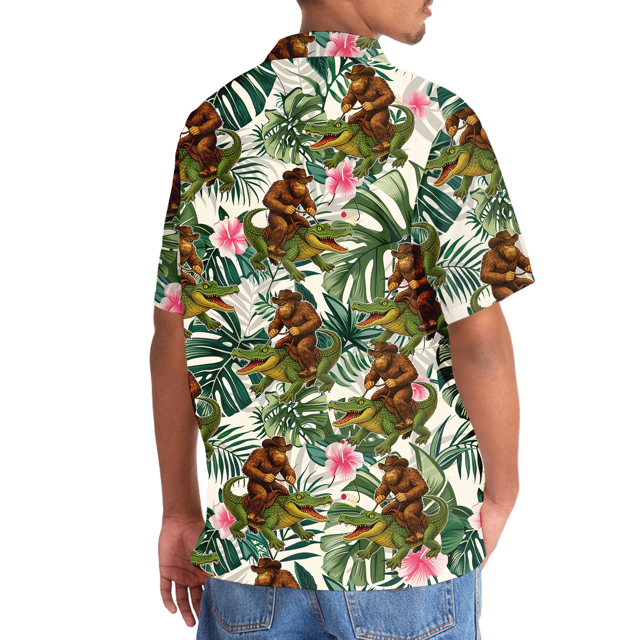 Bigfoot Green Cowboy with Crocodile Tropical Hawaiian Shirt Bigfoot Green Cowboy with Crocodile Tropical Hawaiian Shirt - Image 6