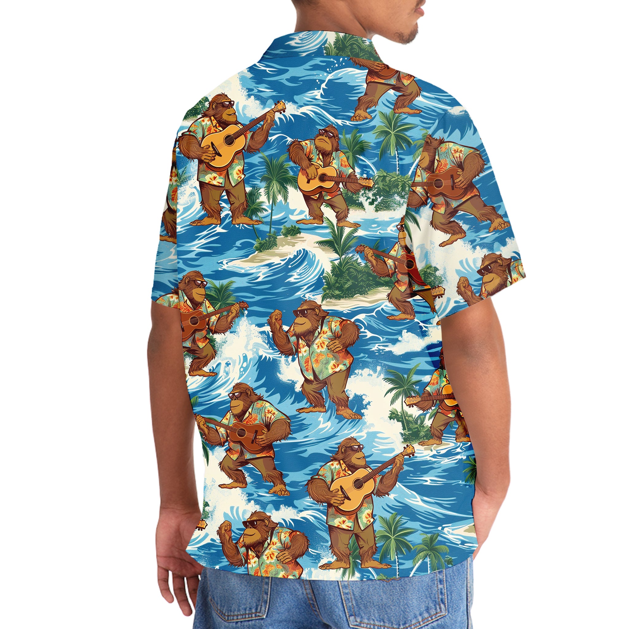 Funny Bigfoot Play Ukulele Hawaiian Shirt Flat lay of the funny bigfoot play ukulele Hawaiian shirt with accessories, emphasizing its fun tropical vibe.
