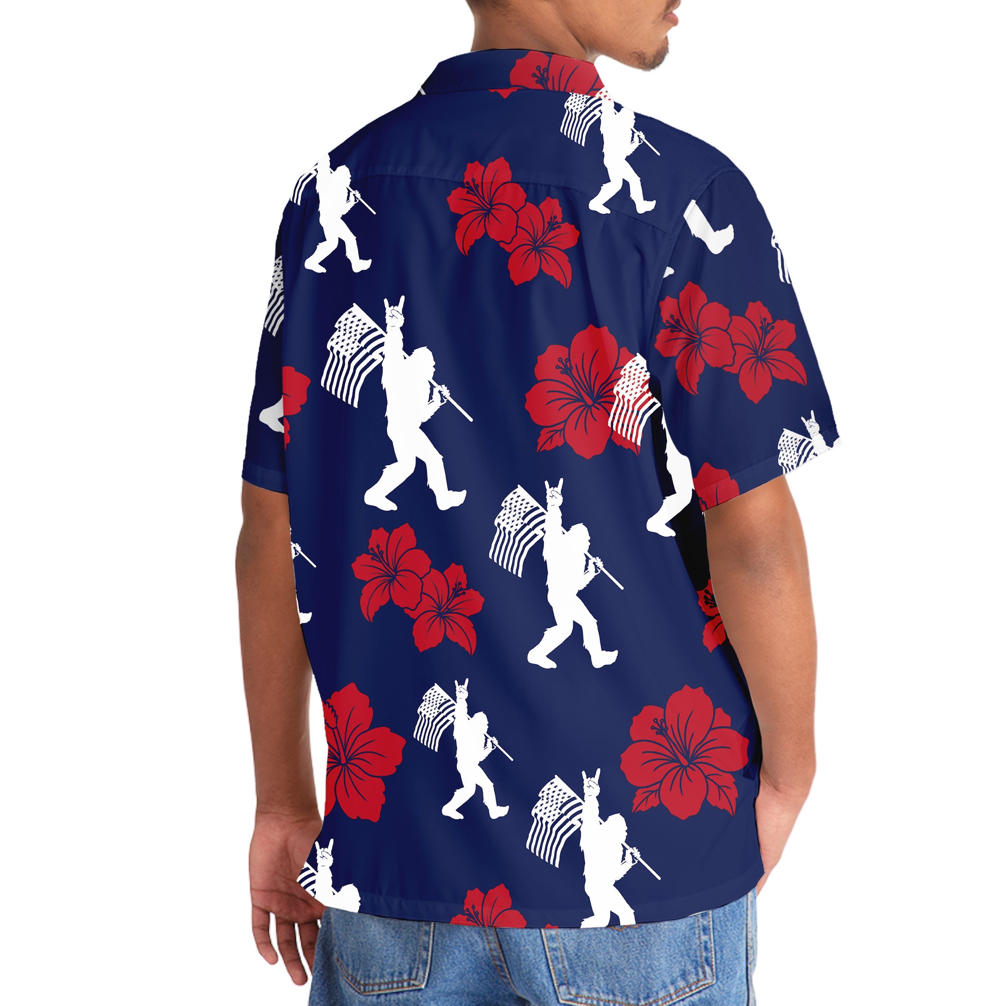 Patriotic Bigfoot USA Flag Color Hawaiian Shirt Flat lay of the patriotic bigfoot USA flag color Hawaiian shirt displaying its unique floral and flag design.
