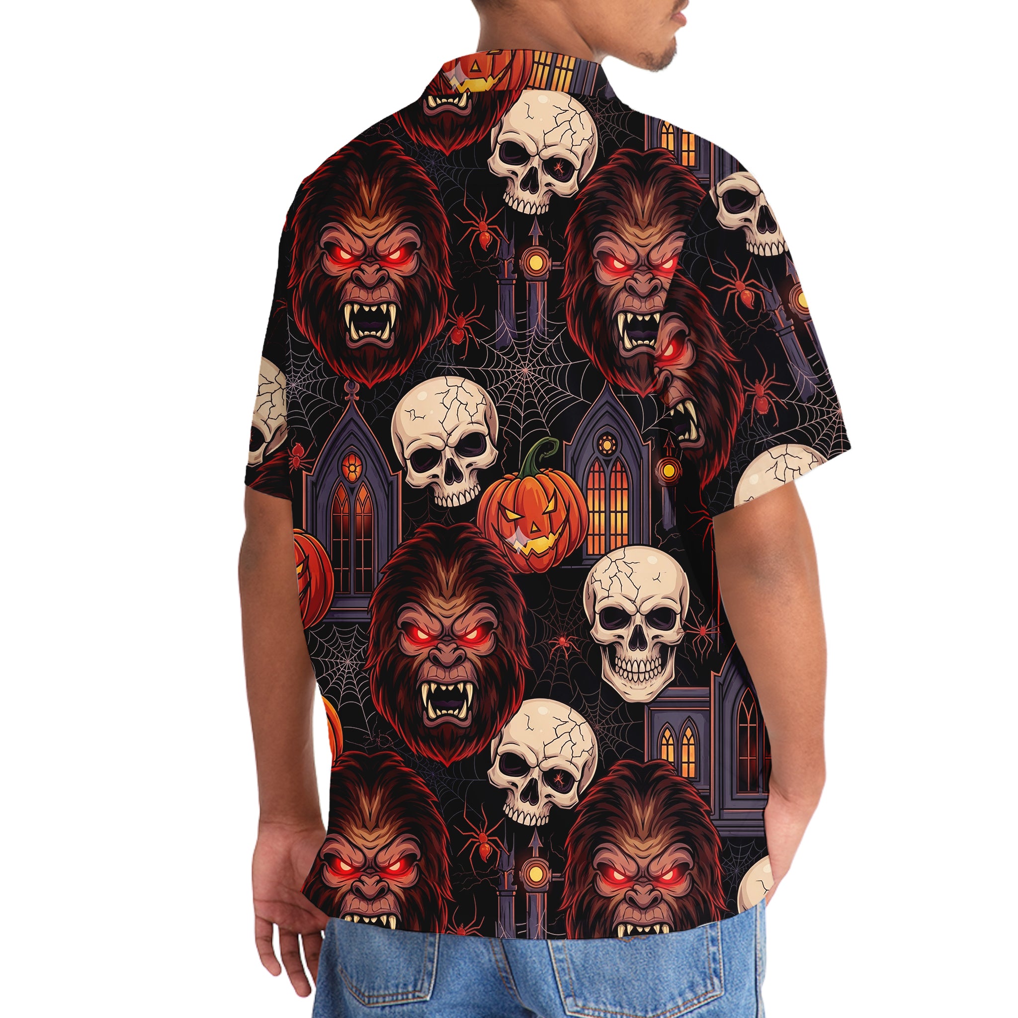 Skull and Sasquatch Horror Mix Hawaiian Shirt Flat lay of the skull and sasquatch horror mix Hawaiian shirt displaying its unique graphic design and colors.