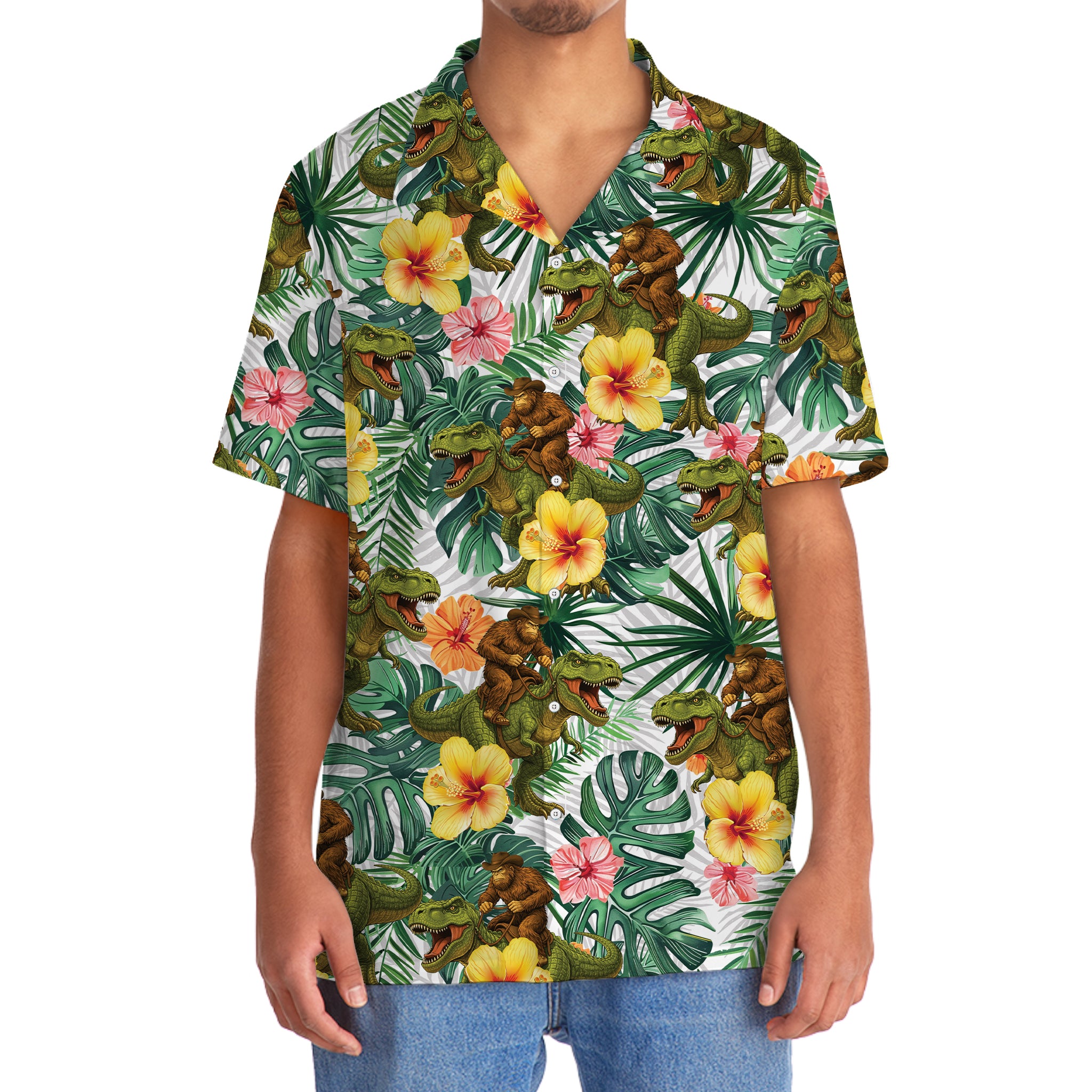 Bigfoot Green Cowboy with Dinosaur Tropical Hawaiian Shirt Bigfoot Green Cowboy with Dinosaur Tropical Hawaiian Shirt - Image 6