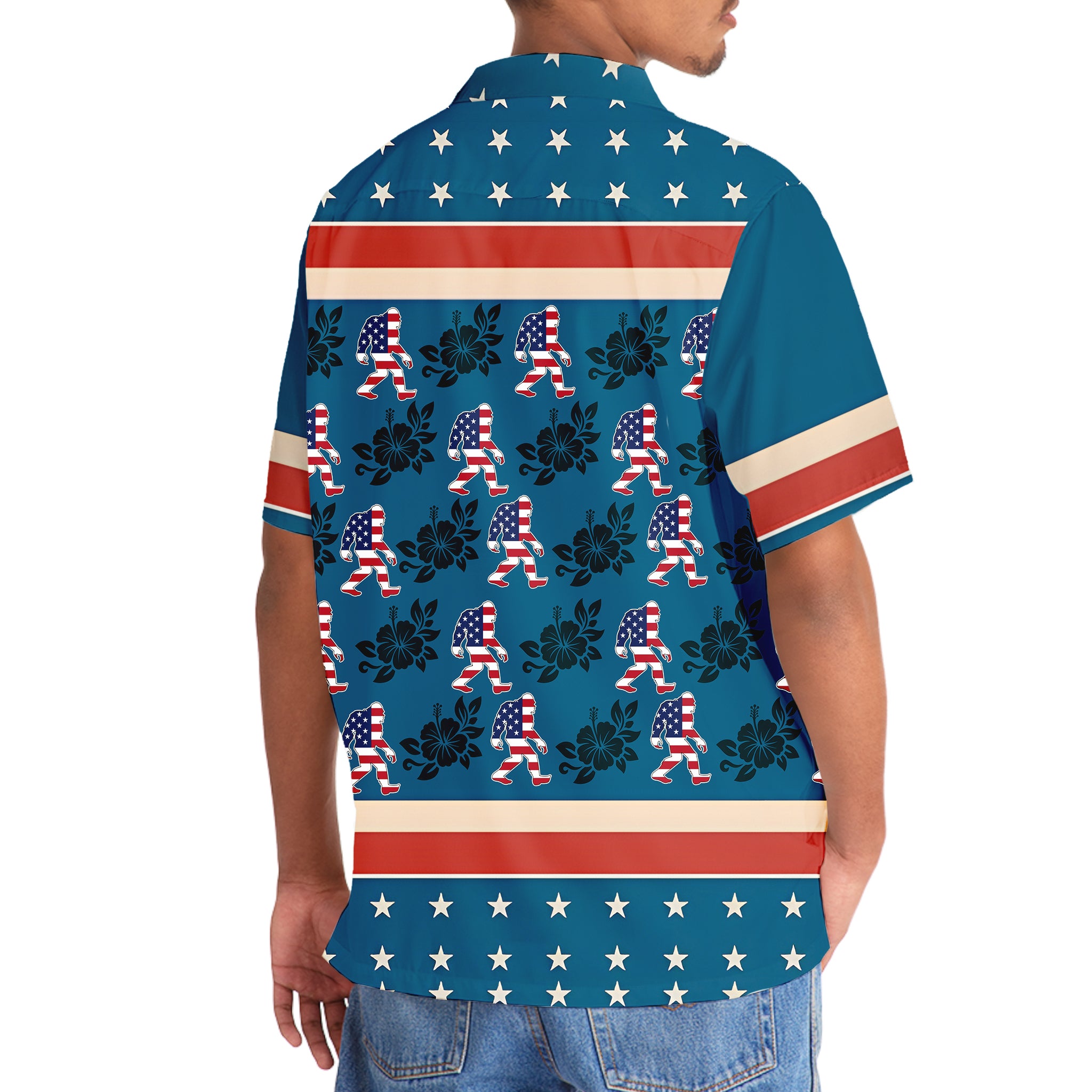 Bigfoot Patriot Hibiscus Hawaiian Shirt Flat lay of the Bigfoot Patriot Hibiscus Hawaiian shirt with tropical accessories for a summer vibe.