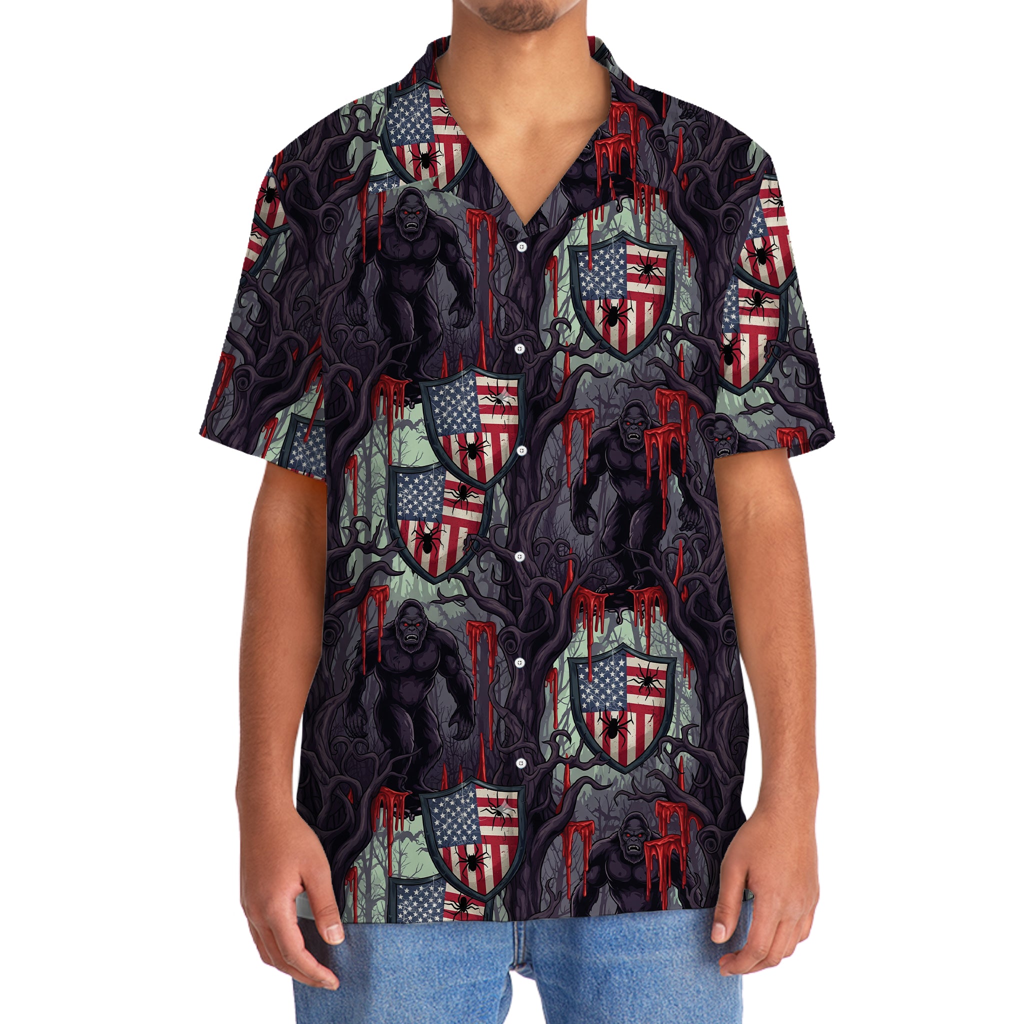 Bigfoot Dark Forest Horror Hawaiian Shirt Flat lay of the Bigfoot Dark Forest horror Hawaiian shirt, emphasizing its intricate patterns and vivid colors.