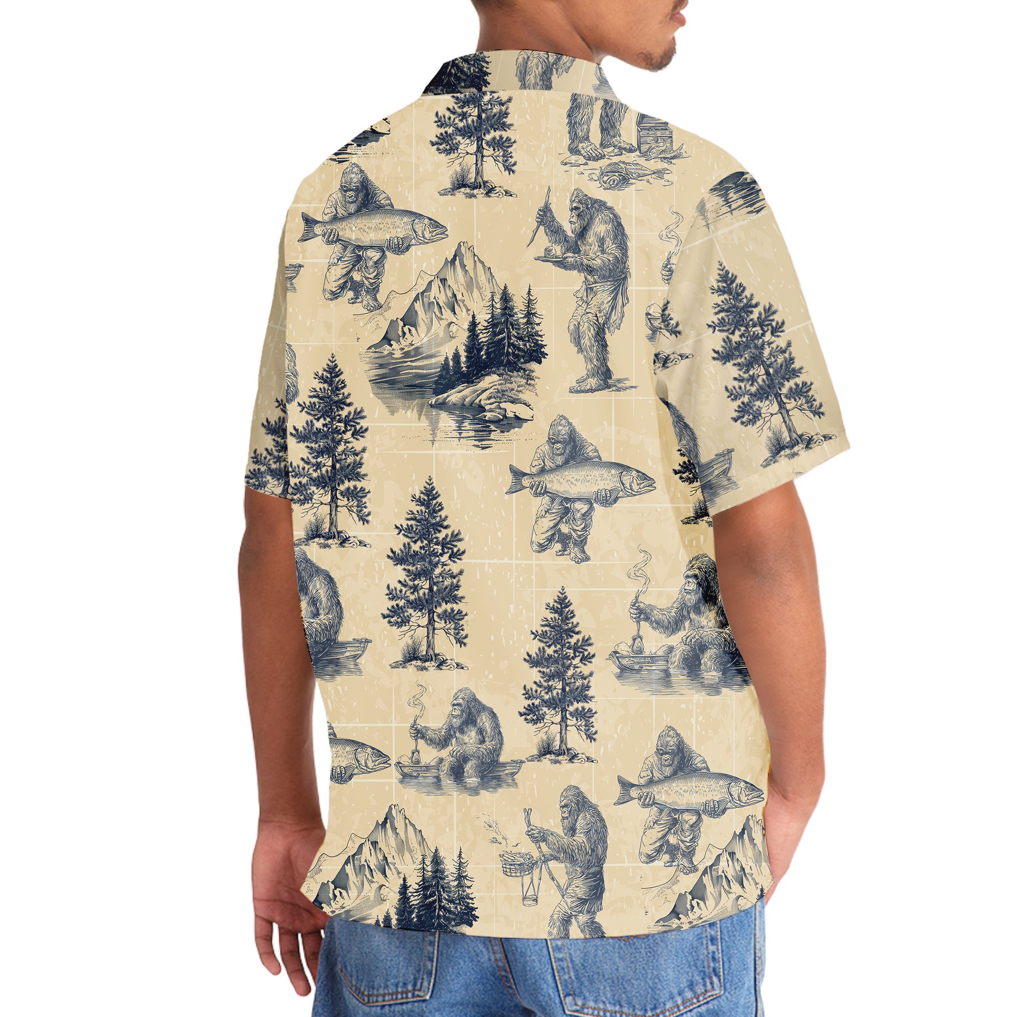 Bigfoot Go Fishing Hawaiian Shirt Flat lay of the Bigfoot Go Fishing Hawaiian shirt with fishing accessories, highlighting its adventurous theme and style.