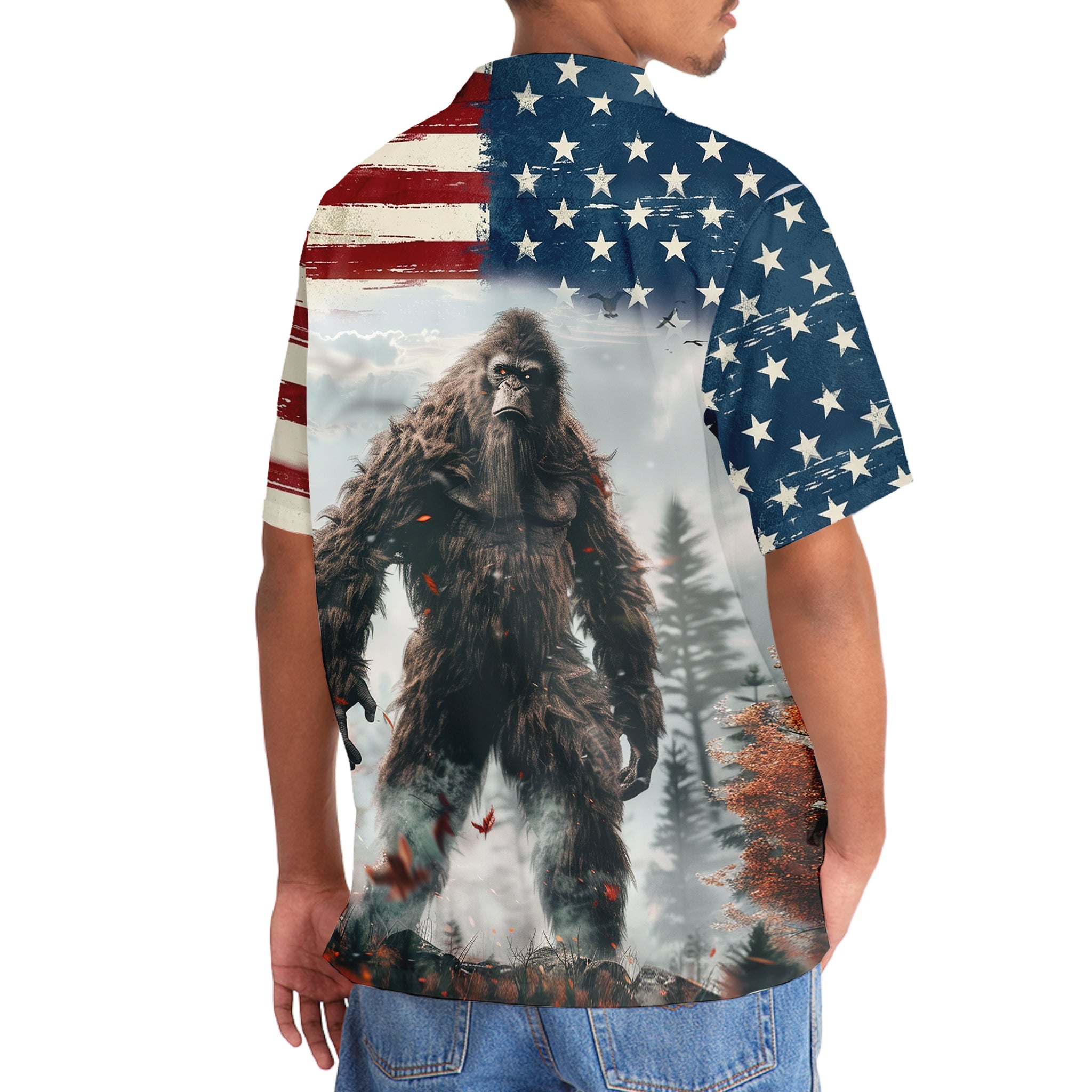 Bigfoot American Wilderness Legend Hawaiian Shirt Flat lay of the Bigfoot American Wilderness Legend shirt displaying its unique design and vibrant color scheme.