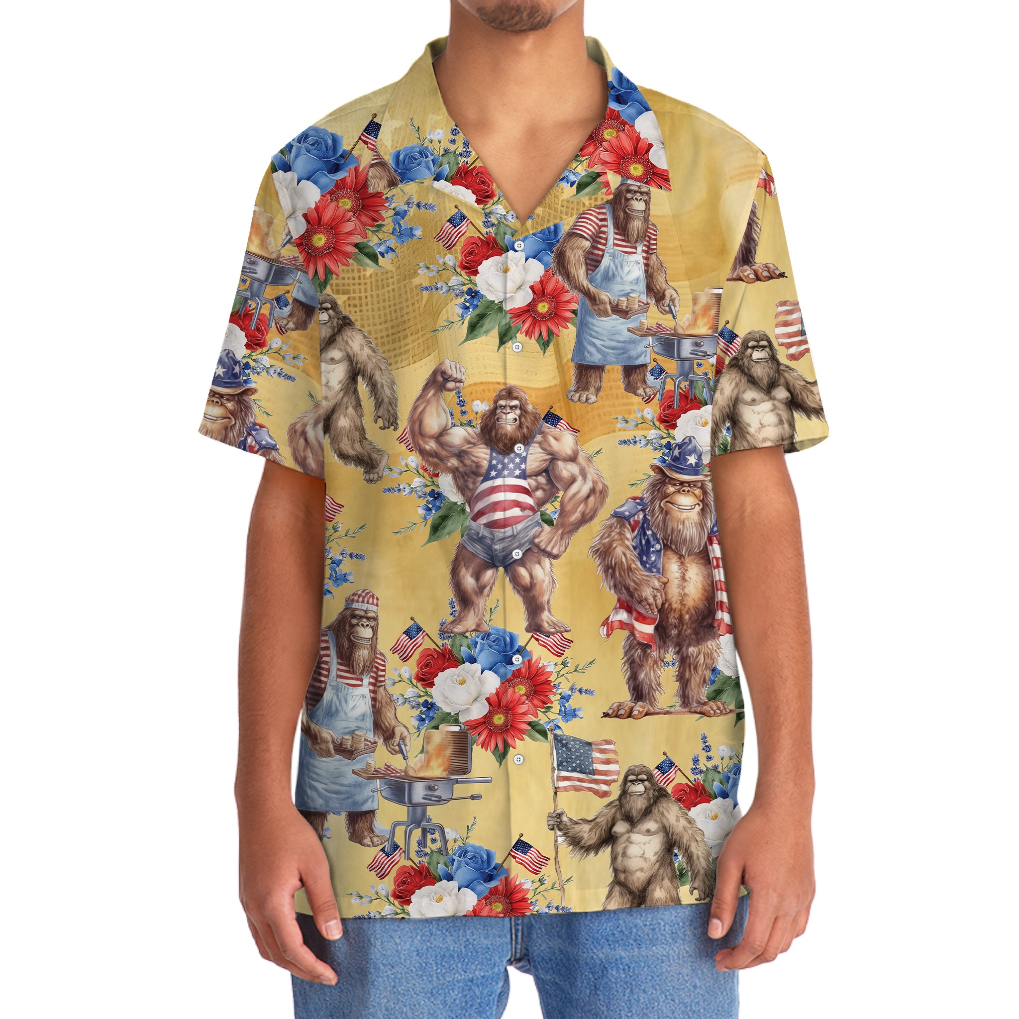 Vintage Bigfoot Patriotic Floral Hawaiian Shirt Flat lay of the vintage bigfoot patriotic floral Hawaiian shirt with accessories, emphasizing its fun, festive style.