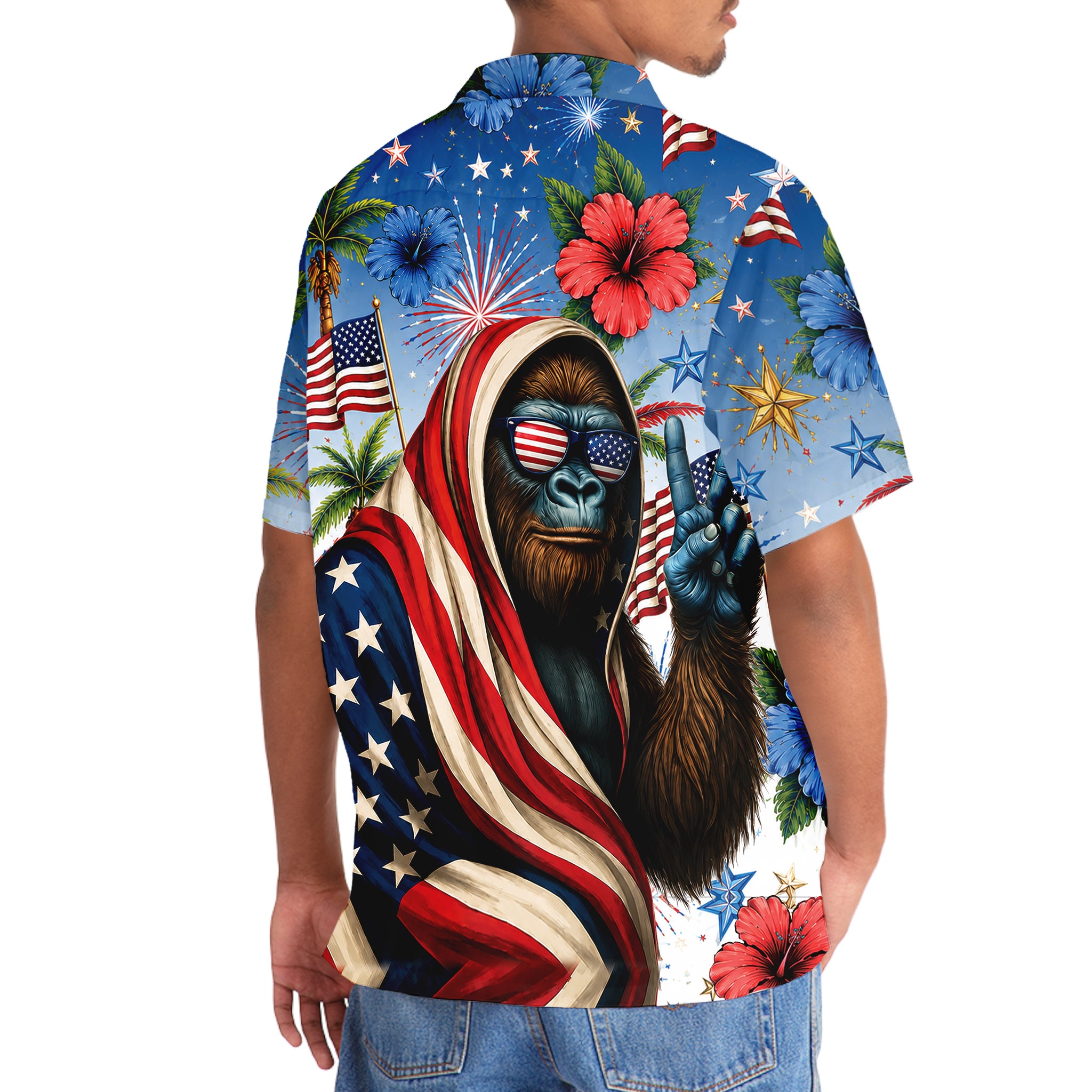 Patriotic Bigfoot 4th of July Hawaiian Shirt Flat lay of the patriotic Bigfoot 4th of July shirt with accessories, emphasizing its festive theme.