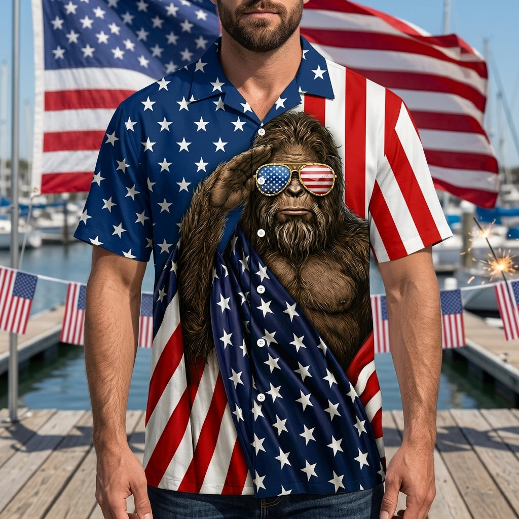 Bigfoot Patriotic Salute Hawaiian Shirt Flat lay of the Bigfoot patriotic salute Hawaiian shirt, displaying its intricate star patterns and colors.