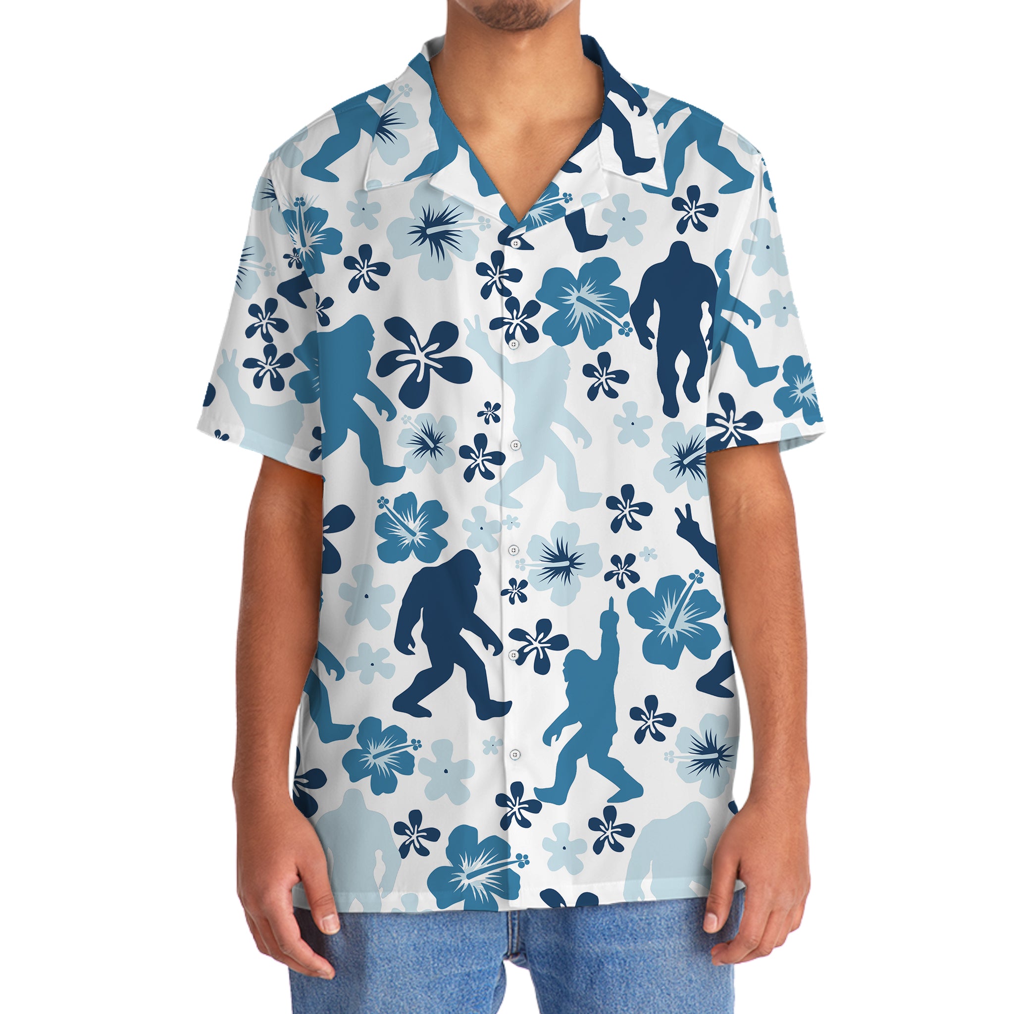 Bigfoot Hibiscus Blue Hawaiian Shirt Flat lay of the Bigfoot hibiscus blue Hawaiian shirt placed on a tropical background for a vibrant look.