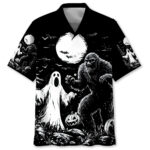 Front view of the Bigfoot spooky night Hawaiian shirt featuring a ghostly design on a black background.