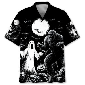 Front view of the Bigfoot spooky night Hawaiian shirt featuring a ghostly design on a black background.