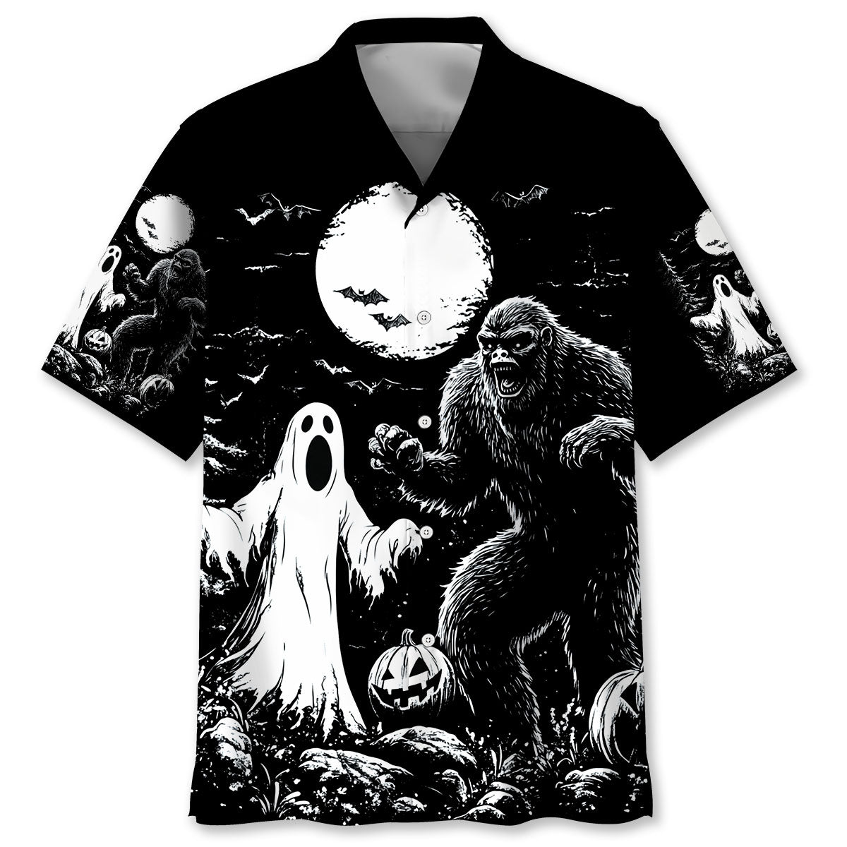 Bigfoot Spooky Night Hawaiian Shirt Front view of the Bigfoot spooky night Hawaiian shirt featuring a ghostly design on a black background.