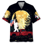 Front view of the Bigfoot Night Truck Ride Hawaiian Shirt featuring a vibrant design with a red truck and moon.