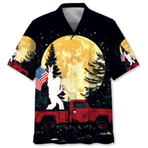 Front view of the Bigfoot Night Truck Ride Hawaiian Shirt featuring a vibrant design with a red truck and moon.