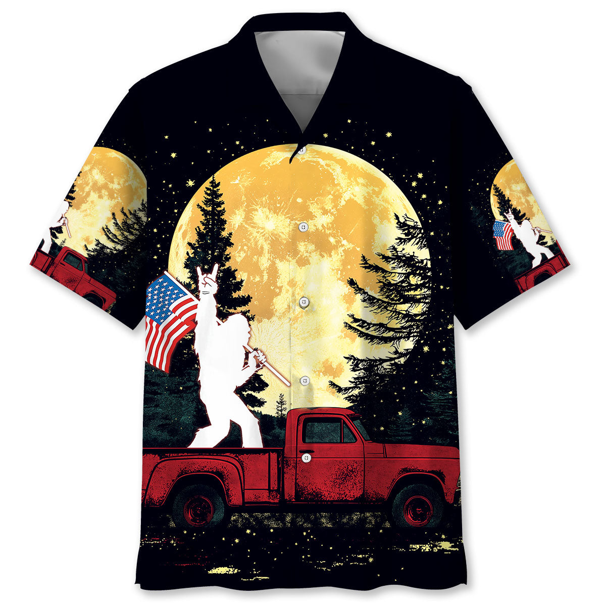 Bigfoot Night Truck Ride Hawaiian Shirt Front view of the Bigfoot Night Truck Ride Hawaiian Shirt featuring a vibrant design with a red truck and moon.