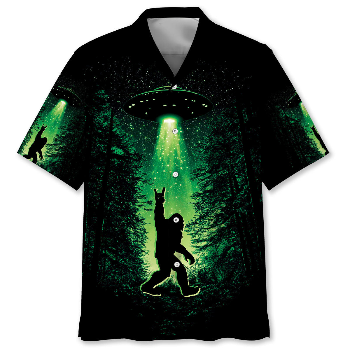 Bigfoot Night Green Hawaiian Shirt Front view of the Bigfoot night green Hawaiian shirt with a vibrant design of Bigfoot and UFOs against a dark background.