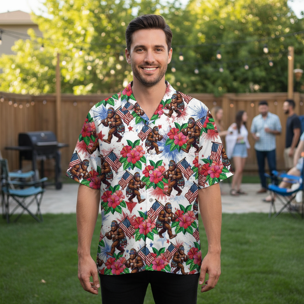 Bigfoot Patriot Tropical Hawaiian Shirt Model wearing the Bigfoot Patriot Tropical Hawaiian Shirt during a beach outing, capturing the vibrant look.