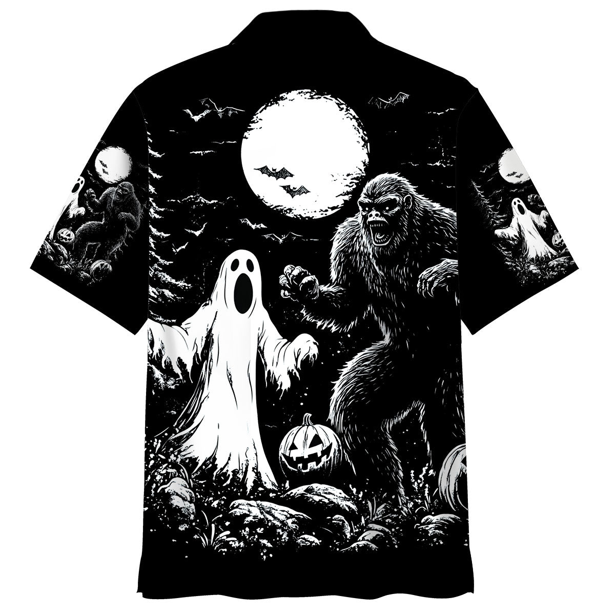 Bigfoot Spooky Night Hawaiian Shirt Back view of the Bigfoot spooky night Hawaiian shirt showcasing a full moon and eerie scenery in black and white.