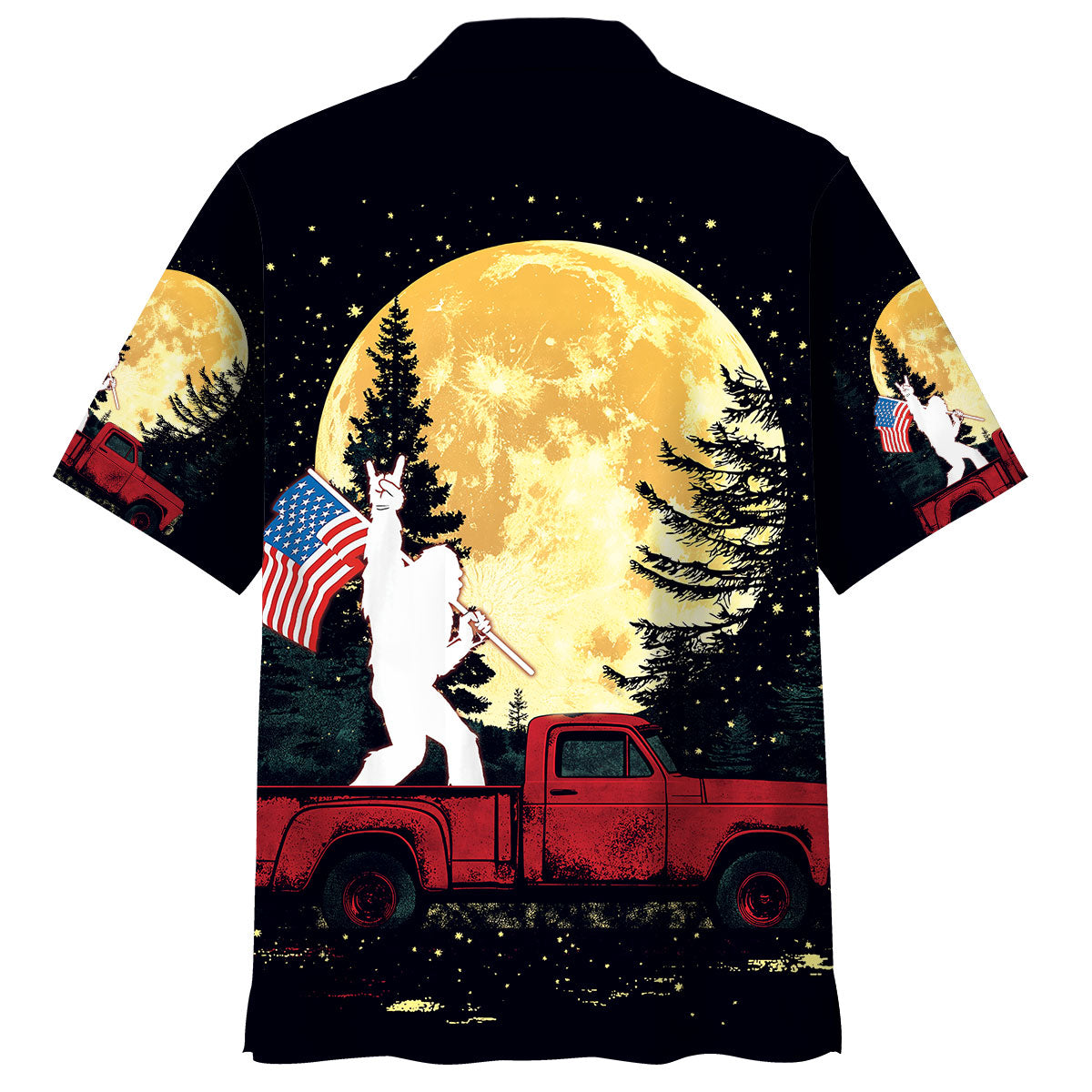 Bigfoot Night Truck Ride Hawaiian Shirt Back view showcasing the Bigfoot Night Truck Ride Hawaiian Shirt's detailed graphic of Bigfoot and trees against a black back