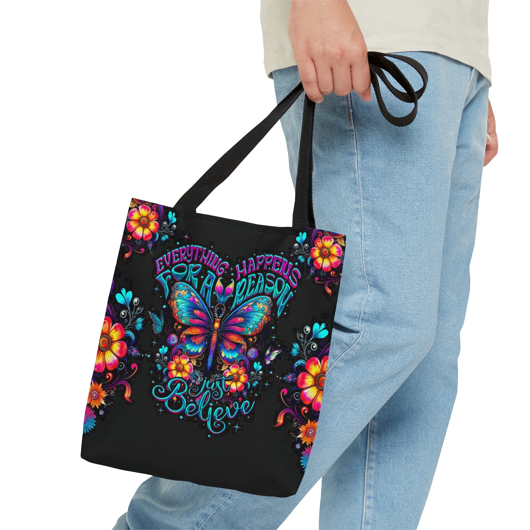 Just Believe Tote Bag | Motivational Floral Design Overhead view of the just believe tote bag on a table, capturing its artistic details and motivational message.