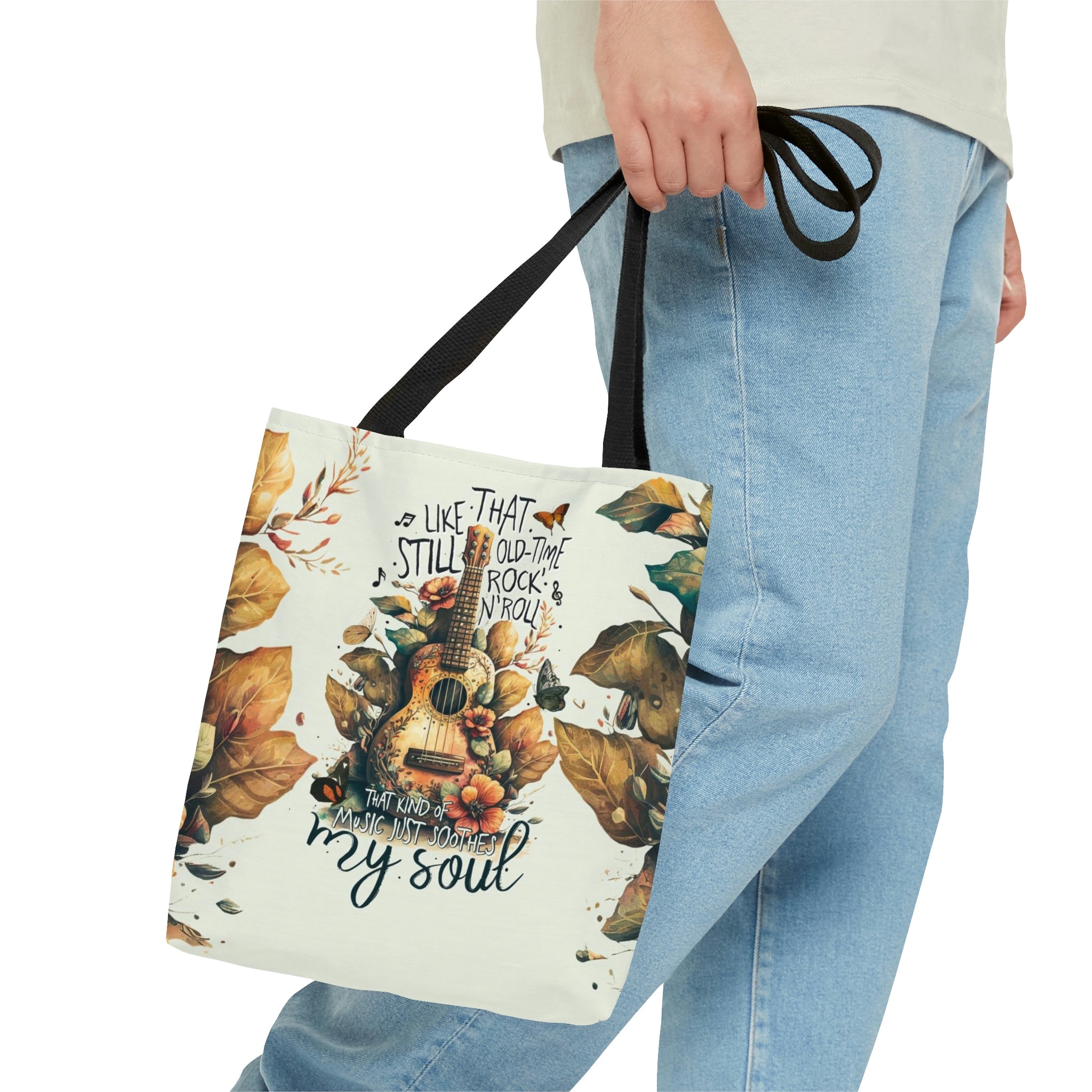Music Just Soothes My Soul Tote Bag Side angle of the music just soothes my soul tote bag, emphasizing the unique lettering and artistic elements.