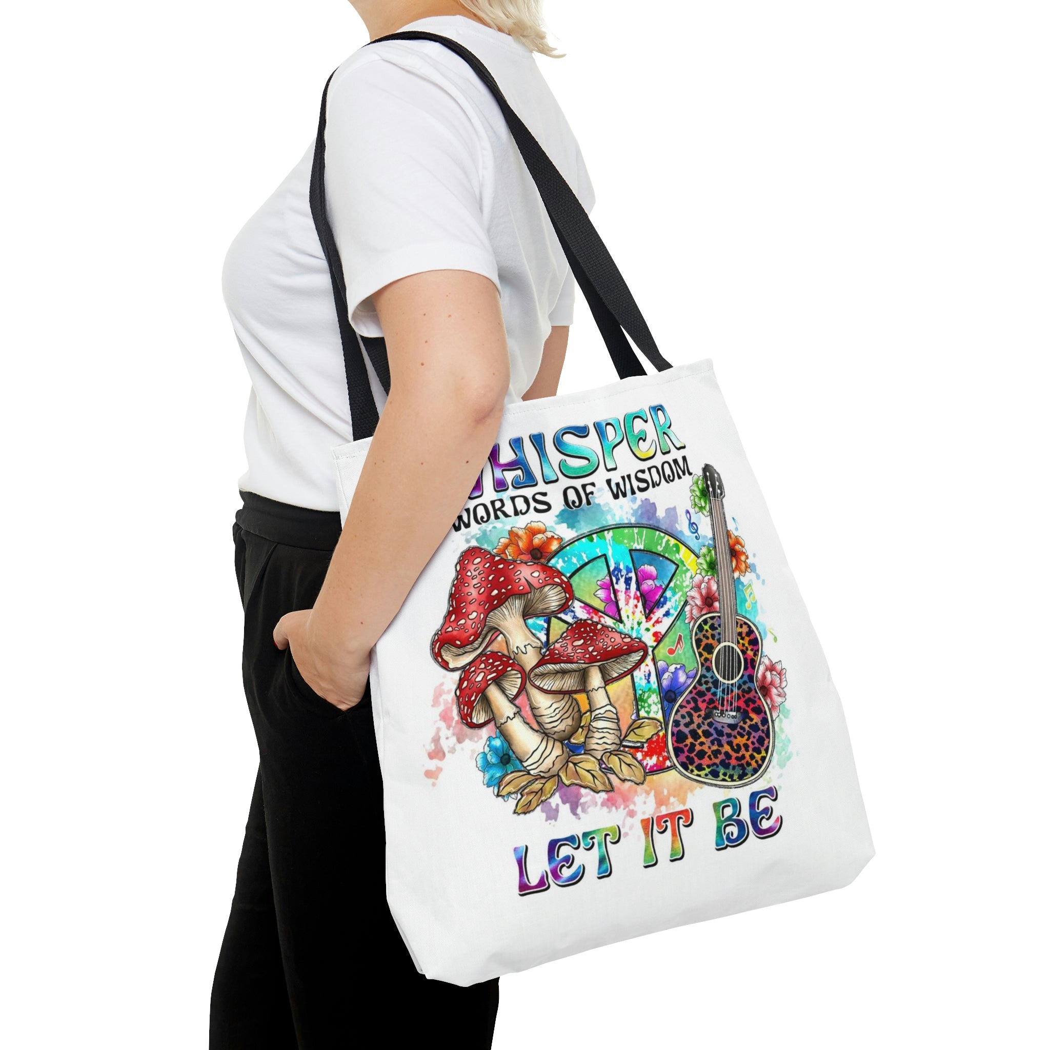 Whisper Words of Wisdom Leopard Guitar Tote Bag Close-up detail of the WHISPER WORDS OF WISDOM LEOPARD GUITAR TOTE BAG highlighting the playful guitar and mushroom graphics.
