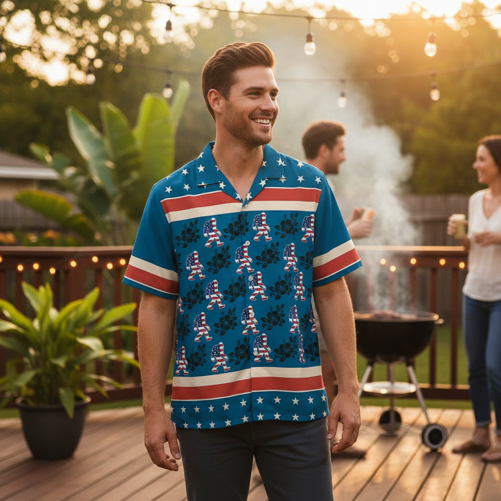 Bigfoot Patriot Hibiscus Hawaiian Shirt Model wearing the Bigfoot Patriot Hibiscus Hawaiian shirt smiling against a sunny backdrop.