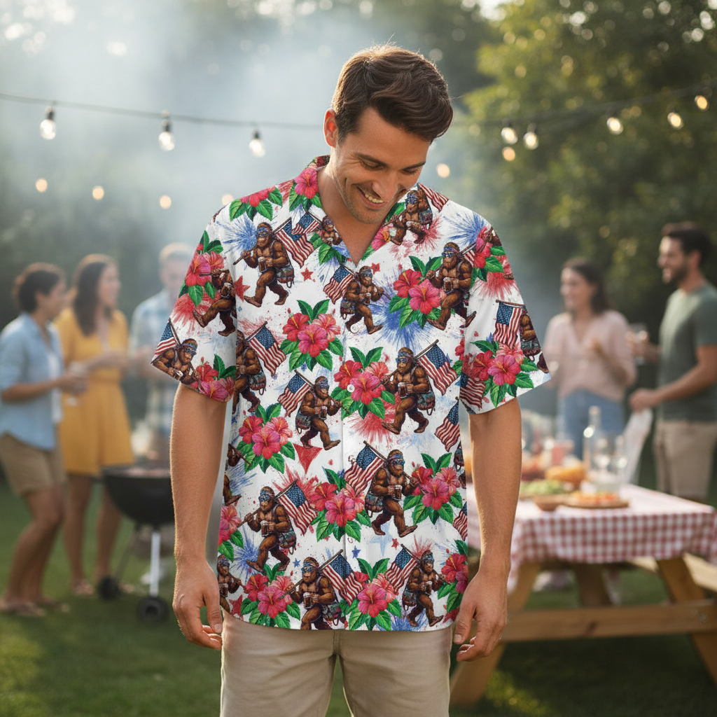 Bigfoot Patriot Tropical Hawaiian Shirt Detailed view of the Bigfoot Patriot Tropical Hawaiian Shirt's buttons and collar, emphasizing quality.