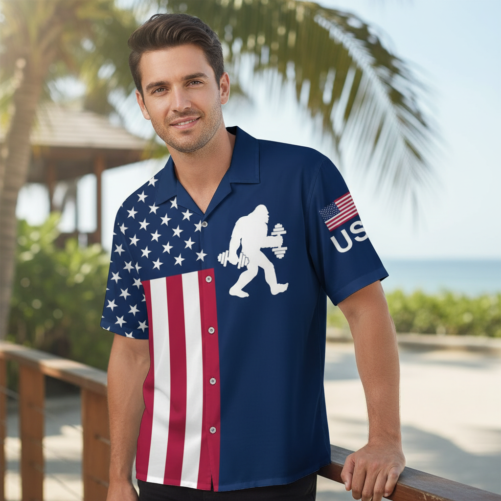 Bigfoot Is a Gym Lover Hawaiian Shirt Front view of the Bigfoot is a gym lover Hawaiian shirt, emphasizing its playful workout theme.