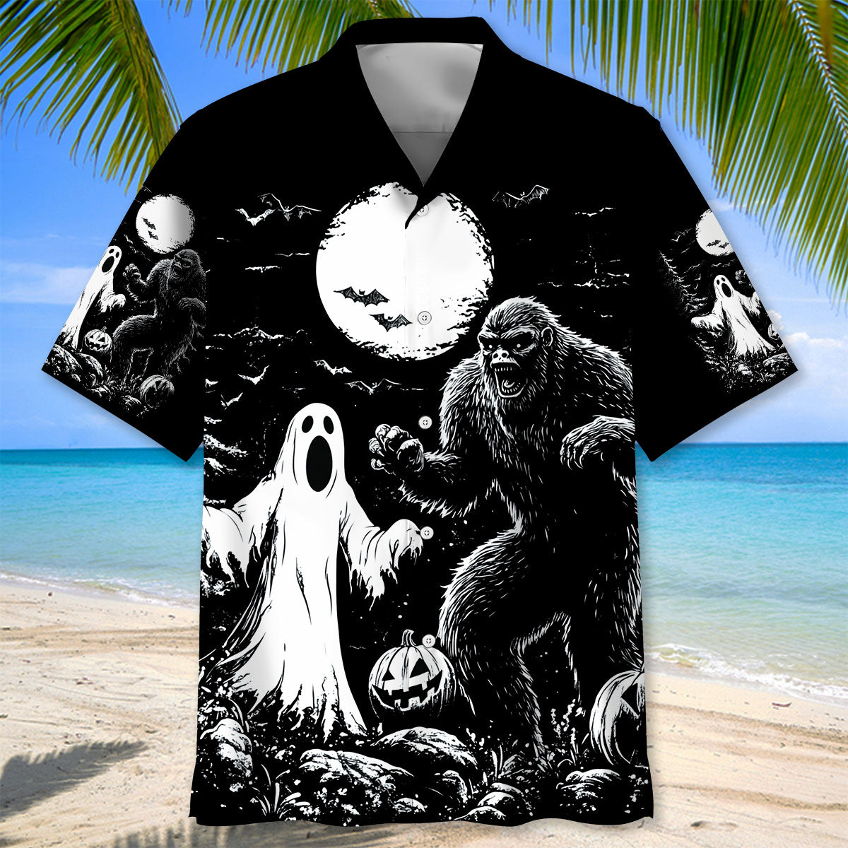 Bigfoot Spooky Night Hawaiian Shirt Close-up detail of the Bigfoot spooky night Hawaiian shirt displaying intricate graphics of Bigfoot and ghosts.