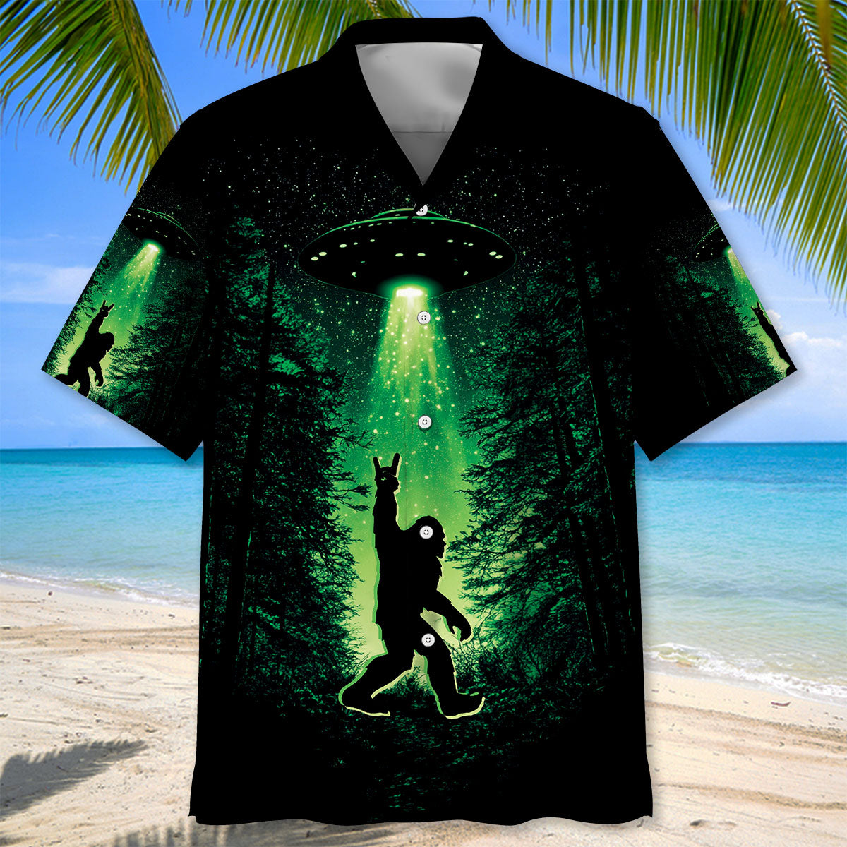 Bigfoot Night Green Hawaiian Shirt Detailed close-up of the Bigfoot night green Hawaiian shirt showcasing the intricate forest and alien light patterns.