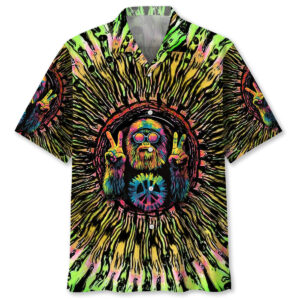 Front view of the hippie bigfoot tie dye peace sign shirt, featuring vibrant colors and a playful design.