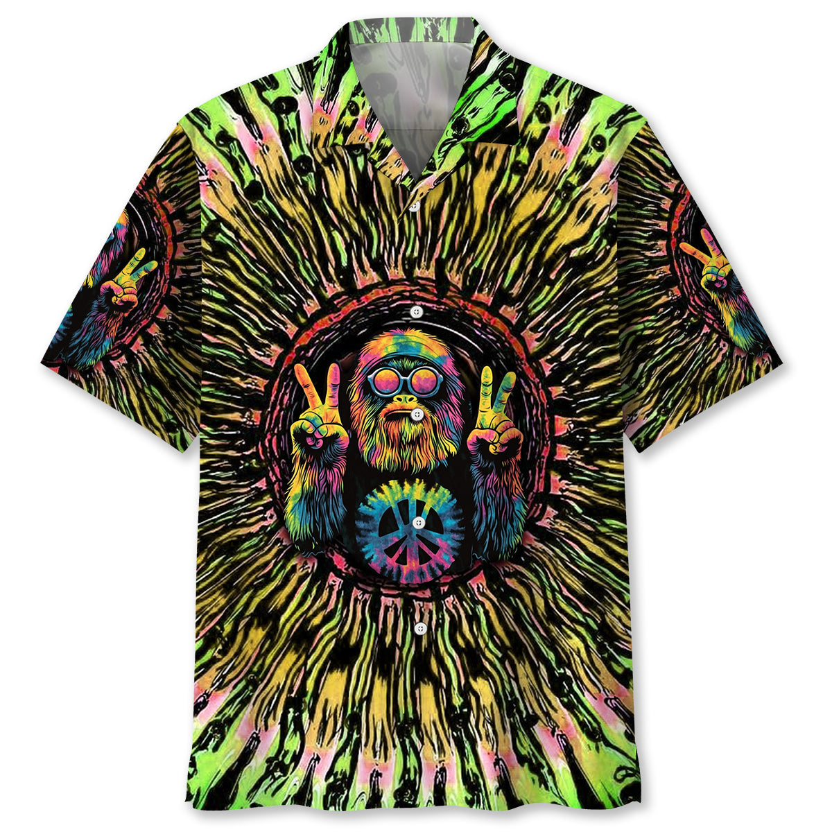 Hippie Bigfoot Tie Dye Peace Sign Hawaiian Shirt Front view of the hippie bigfoot tie dye peace sign shirt, featuring vibrant colors and a playful design.