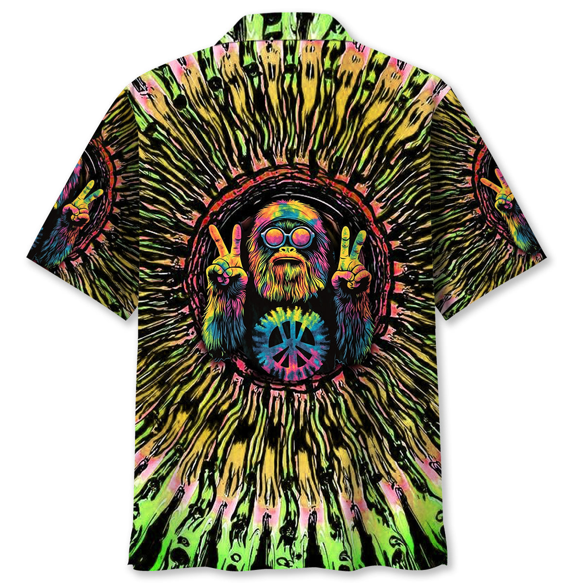 Hippie Bigfoot Tie Dye Peace Sign Hawaiian Shirt Back angle of the hippie bigfoot tie dye peace sign shirt, showcasing the colorful patterns and unique style.