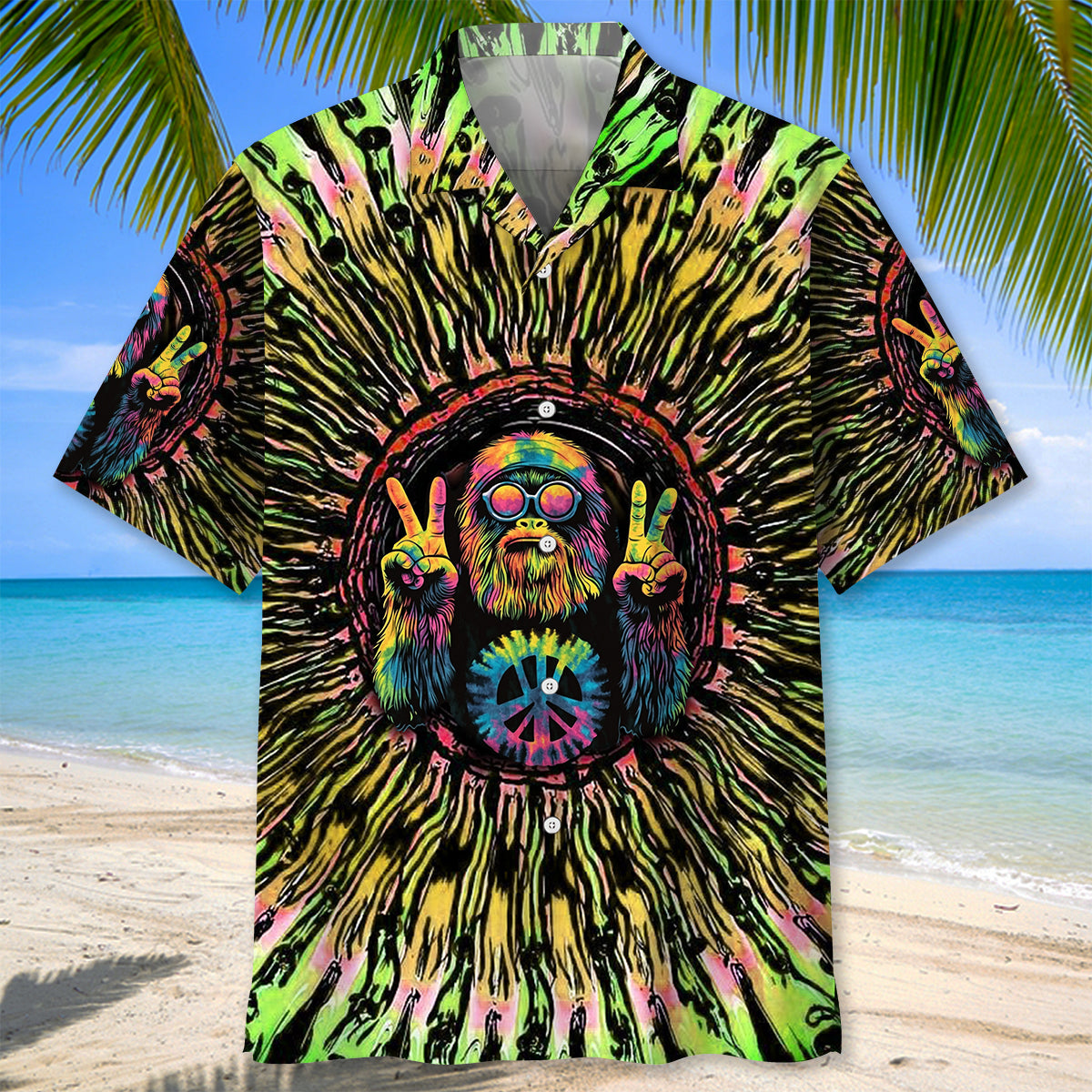 Hippie Bigfoot Tie Dye Peace Sign Hawaiian Shirt Close-up detail of the hippie bigfoot tie dye peace sign shirt, highlighting the intricate tie-dye design and peace symbol.