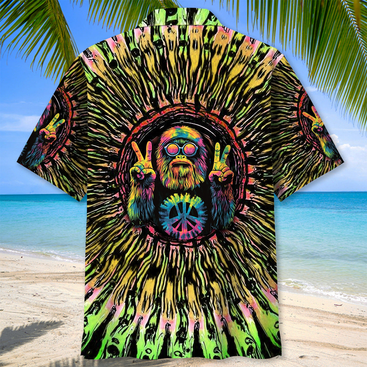 Hippie Bigfoot Tie Dye Peace Sign Hawaiian Shirt Lifestyle shot of a person wearing the hippie bigfoot tie dye peace sign shirt at a beach party, radiating fun vibes.