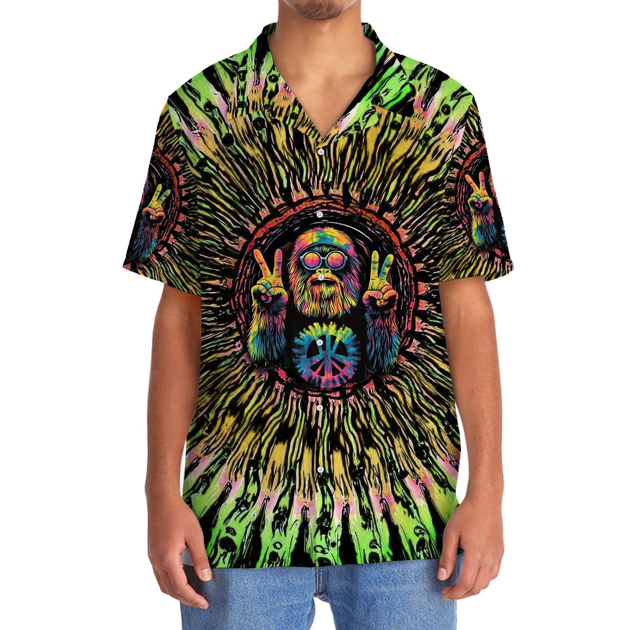 Hippie Bigfoot Tie Dye Peace Sign Hawaiian Shirt Side view of the hippie bigfoot tie dye peace sign shirt, capturing the vivid colors and relaxed fit perfect for summer.