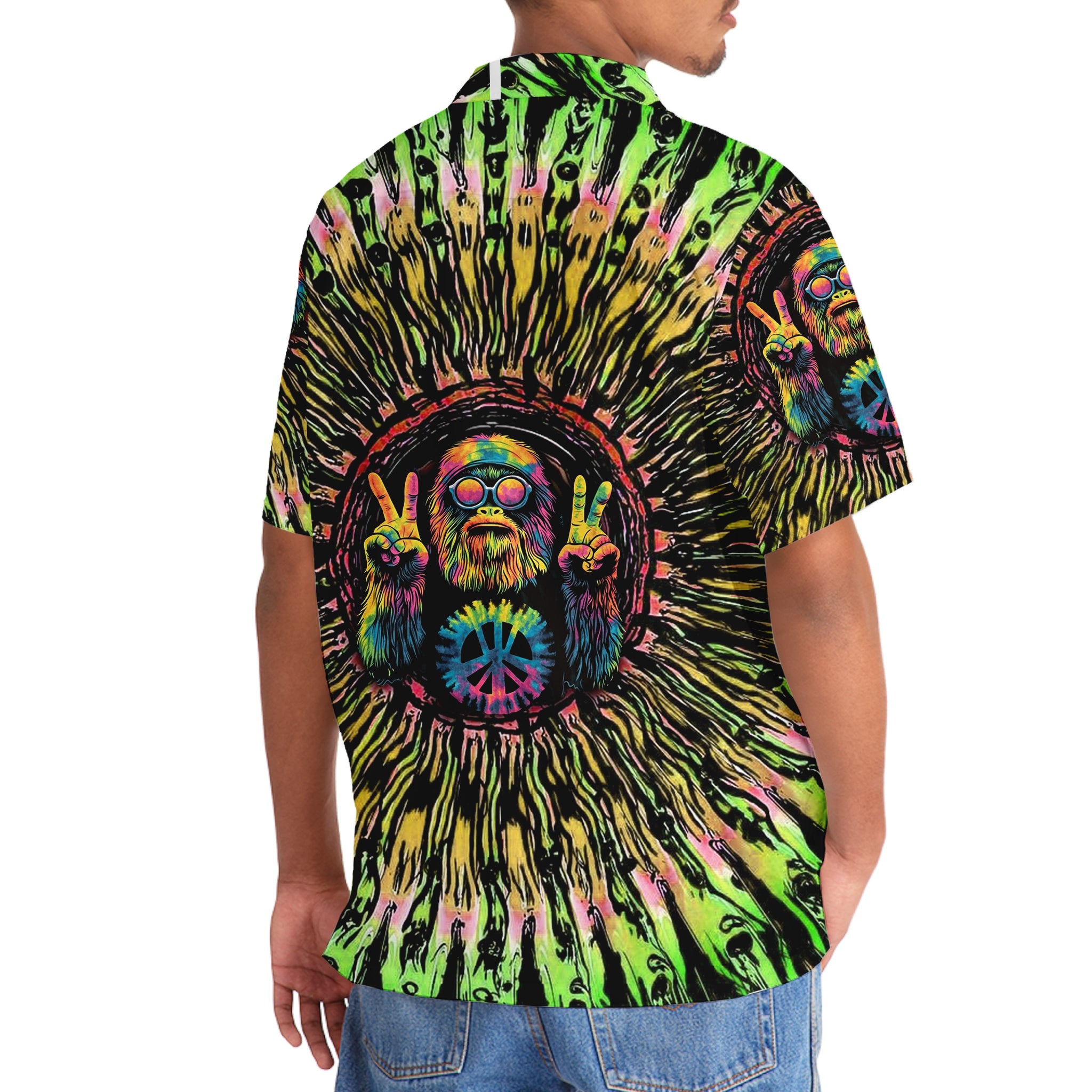 Hippie Bigfoot Tie Dye Peace Sign Hawaiian Shirt Flat lay of the hippie bigfoot tie dye peace sign shirt on a colorful background, emphasizing its bold and fun design.
