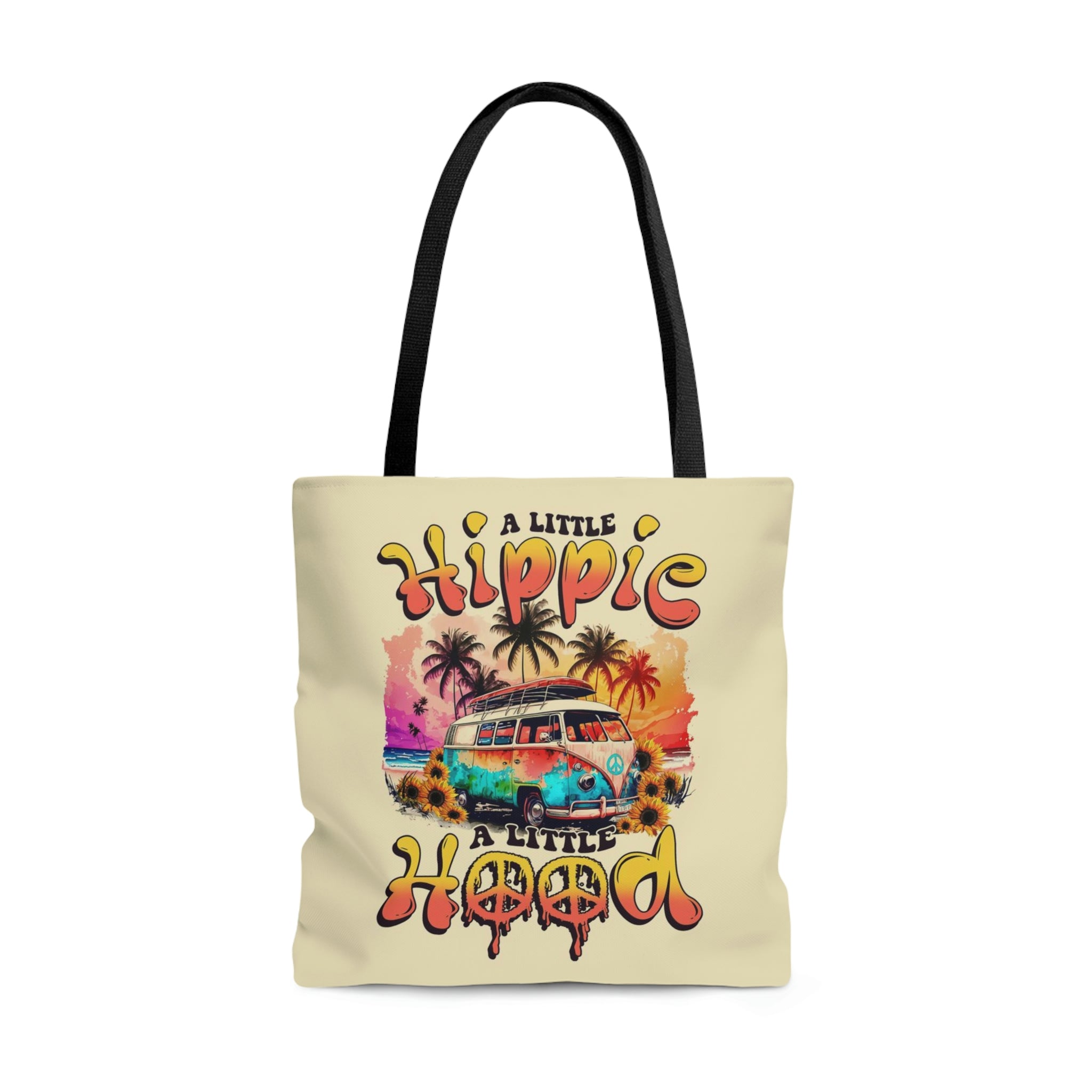 A Little Hippie A Little Hood Tote Bag Lifestyle shot of the a little hippie a little hood tote bag filled with books and flowers, perfect for casual outings.