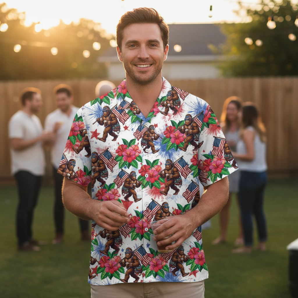 Bigfoot Patriot Tropical Hawaiian Shirt Casual wear of the Bigfoot Patriot Tropical Hawaiian Shirt paired with shorts for a laid-back summer vibe.