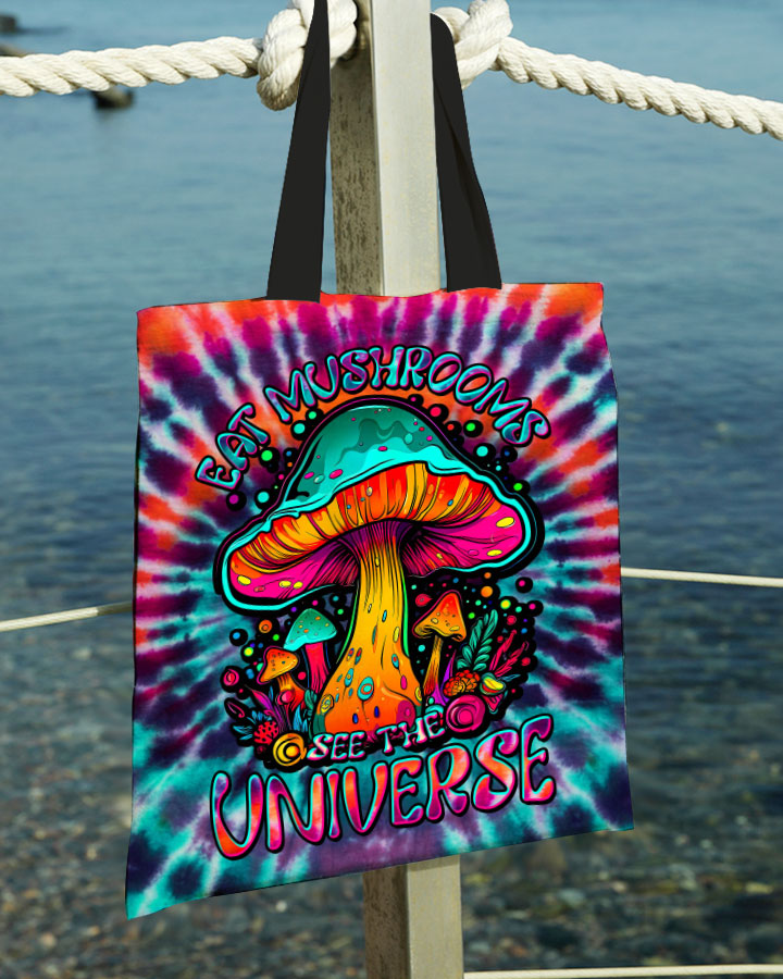 Eat Mushrooms See The Universe Tote Bag Close-up of the eat mushrooms see the universe tote bag's graphic, highlighting the intricate mushroom details and vivid colo