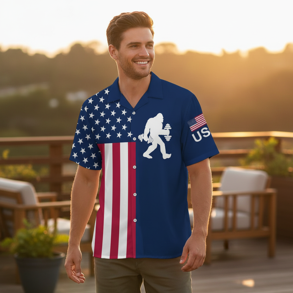 Bigfoot Is a Gym Lover Hawaiian Shirt Casual outdoor setting featuring the Bigfoot is a gym lover Hawaiian shirt, perfect for summer outings.