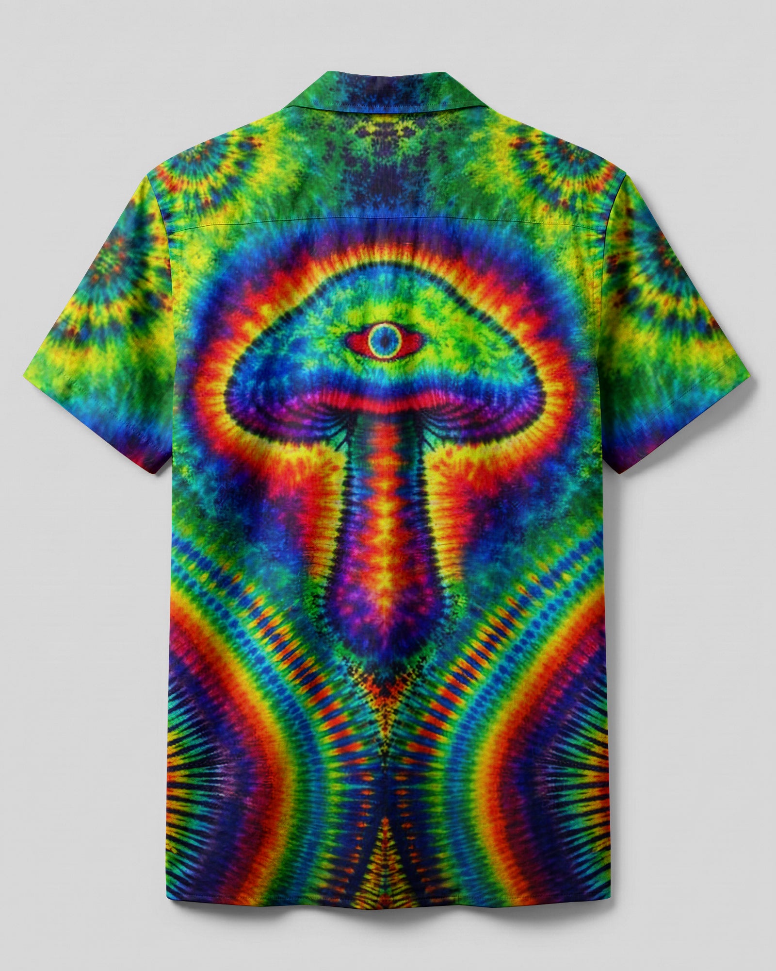 Trippy Mushroom Camp Shirt Back view of the trippy mushroom camp shirt highlighting the colorful psychedelic pattern.