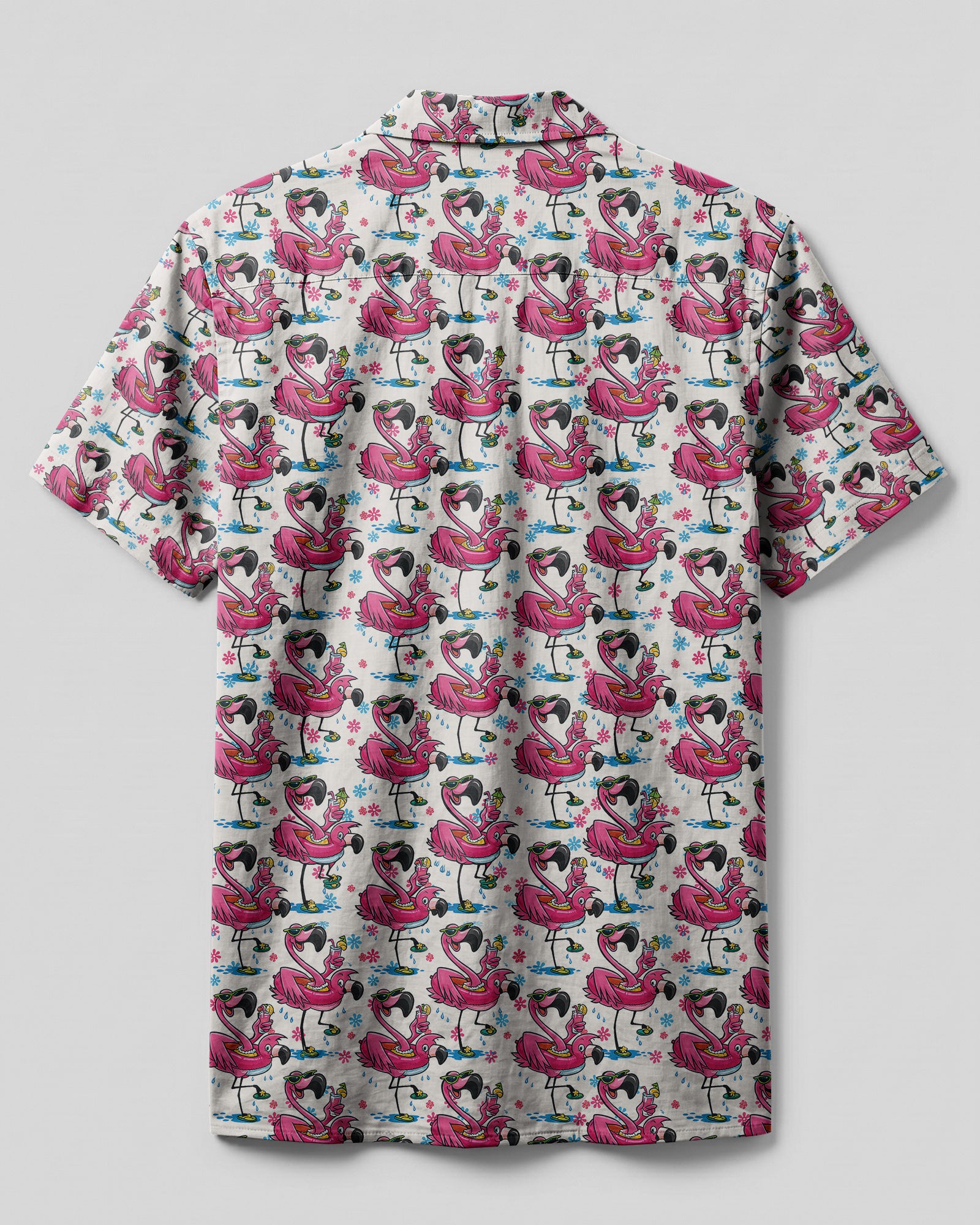 Flamingo Pretty Hawaiian Shirt Back view of the flamingo pretty camp shirt showcasing the playful flamingo print and relaxed fit for casual wear.