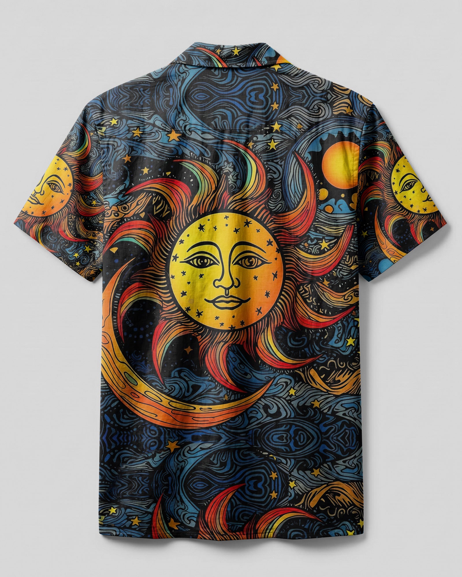 Sun and Moon Camp Shirt Lifestyle shot of the sun and moon camp shirt being worn outdoors, perfect for summer adventures under the sun.